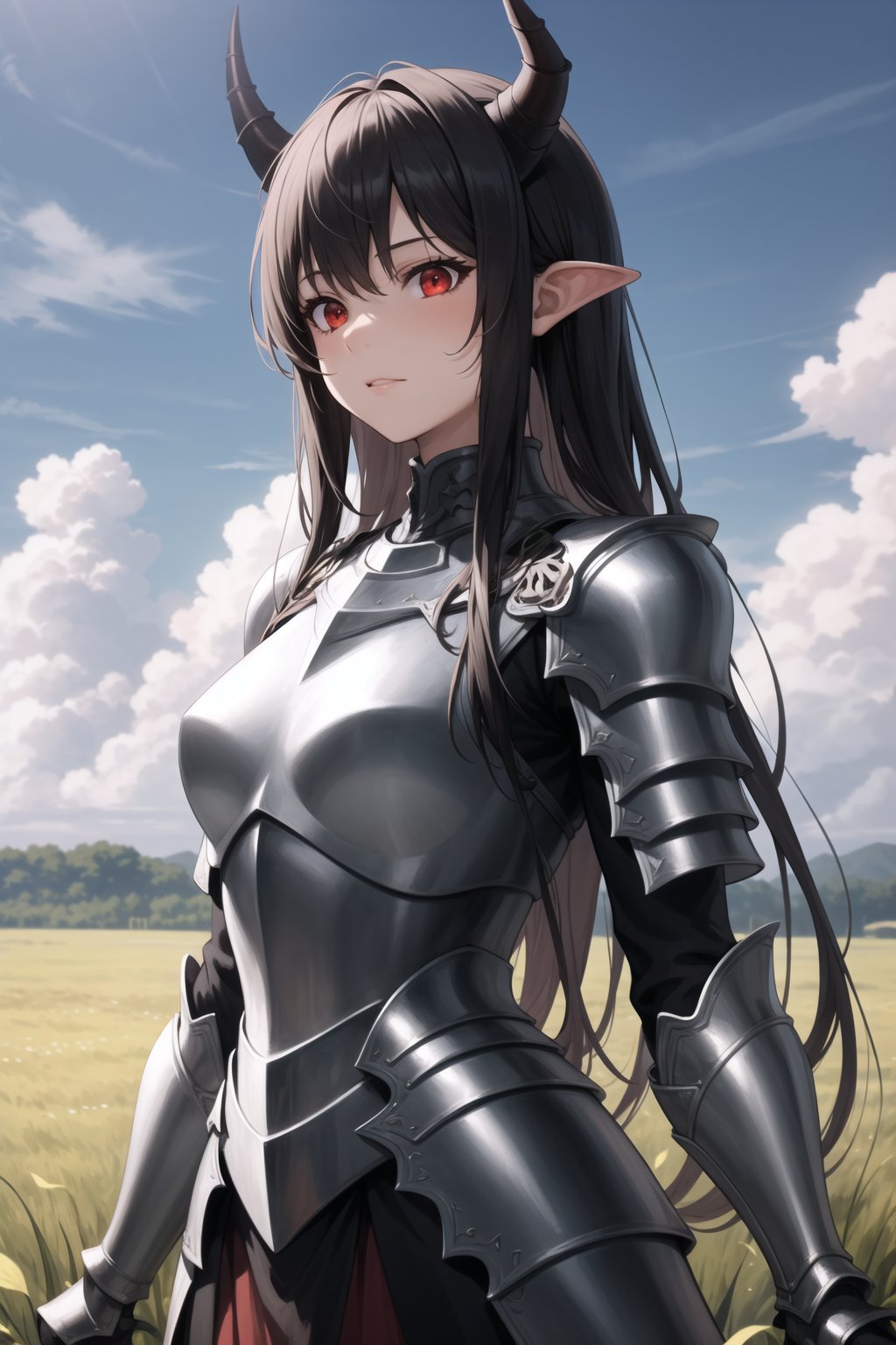 masterpiece, best quality, 1girl, upper body, red eyes, horns, very long hair, chainmail, armored dress, field of grass, (cloudy sky:1.2)