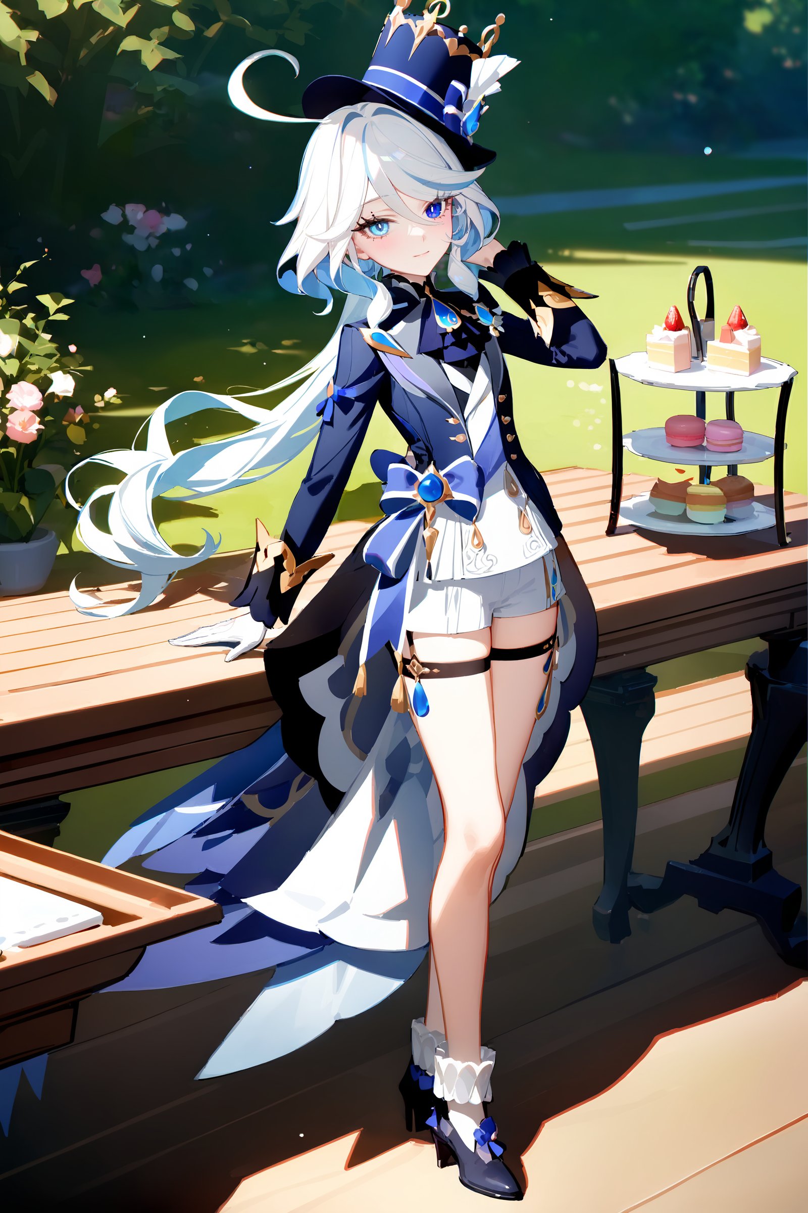 masterpiece, best quality, very aesthetic, ray tracing, newest, (hitenkei, askzy:0.4),1girl, furina \(genshin impact\), heterochromia, mismatched gloves, top hat, blue jacket, ascot, waist bow, short shorts, thigh strap, high heels, frilled socks, waist cape, full body, standing, hand in own hair, floating hair, looking at viewer, light smile, garden, outdoors, depth of field, table, macaron, cake  <lora:Char-Genshin-Furina-XL-V1:0.9>