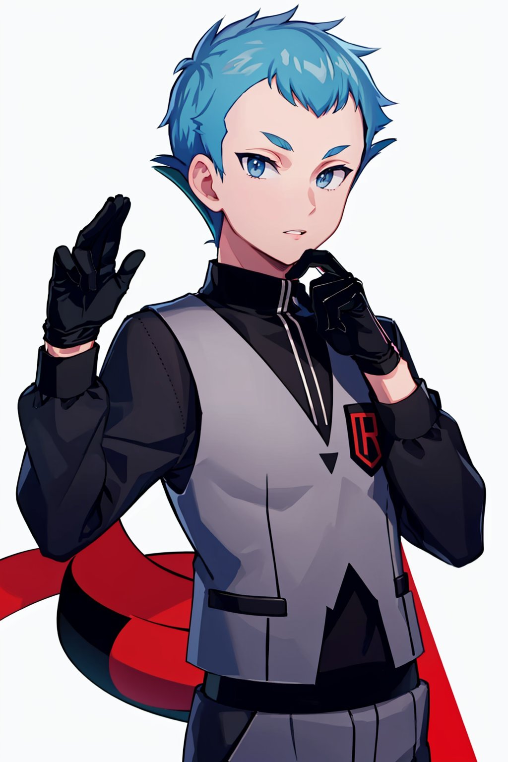 masterpiece,best quality, highly detailed, 1boy,archer (pokemon),black shirt,grey vest,long sleeves,male focus,black gloves,solo,grey pants,team rocket,hand up,looking at viewer,white background,logo,parted lips,closed mouth,<lora:archer_(pokemon):1>