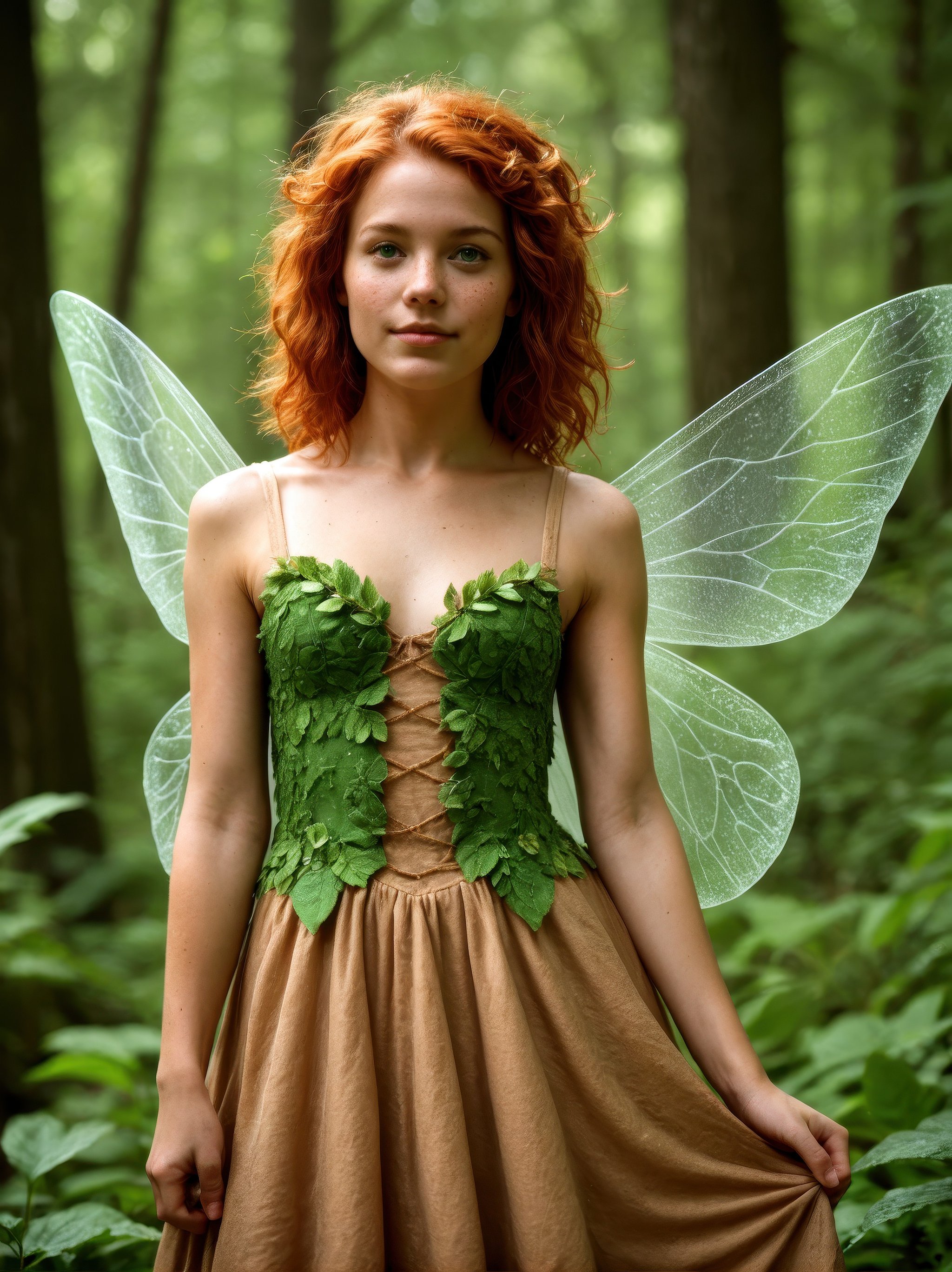 score_9, score_8_up, score_7_up, source_photo, (realistic:1.4)very aesthetic, best quality, (rating_safe), detailed face and eyes, fairy with wings, ginger hair, messy hair, dress, fireflies, forest, green eyes, (freckles:0.8)