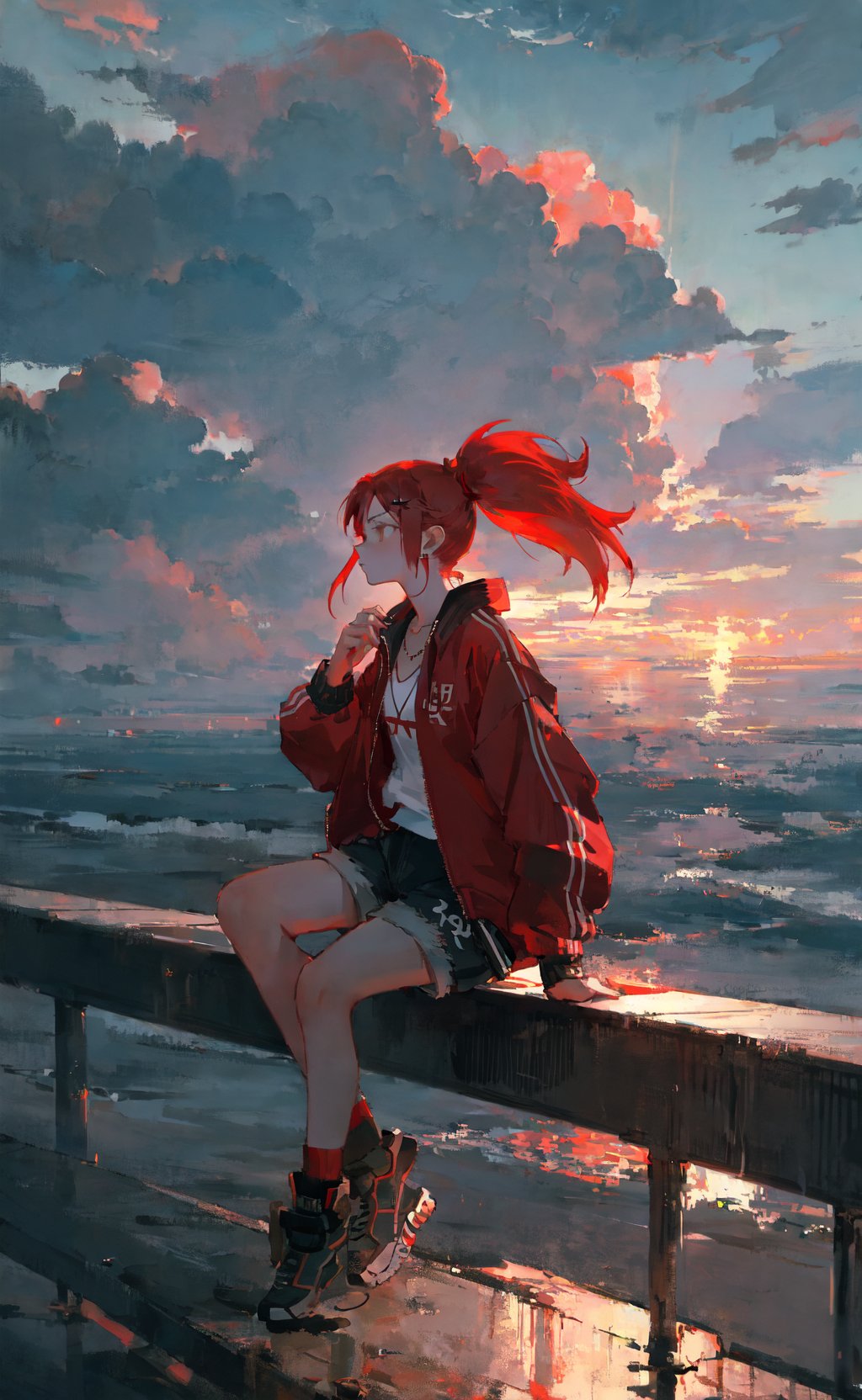 masterpiece, best quality, moody illustration, 1girl, leaning on rail, shore, red ponytail, long hair, oversized track jacket, shorts, jewelry, cloudy sky, depth of field, dramatic
