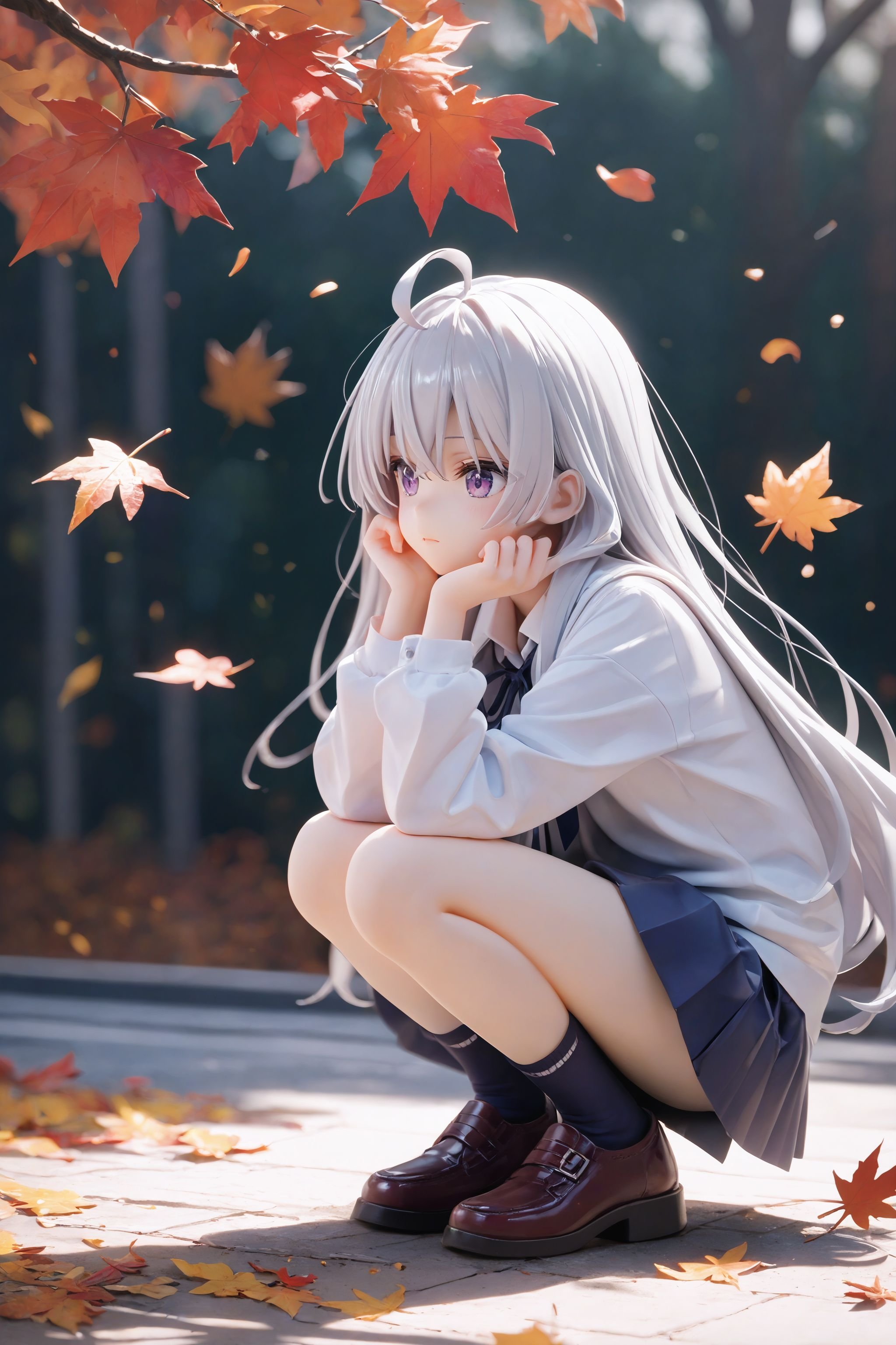 elaina \(majo no tabitabi\),purple eyes,grey hair,white hair,long hair,ahoge,1girl,solo,fallen leaves,squatting,autumn,school uniformscore_9,score_8_up,score_7_up,source_anime,