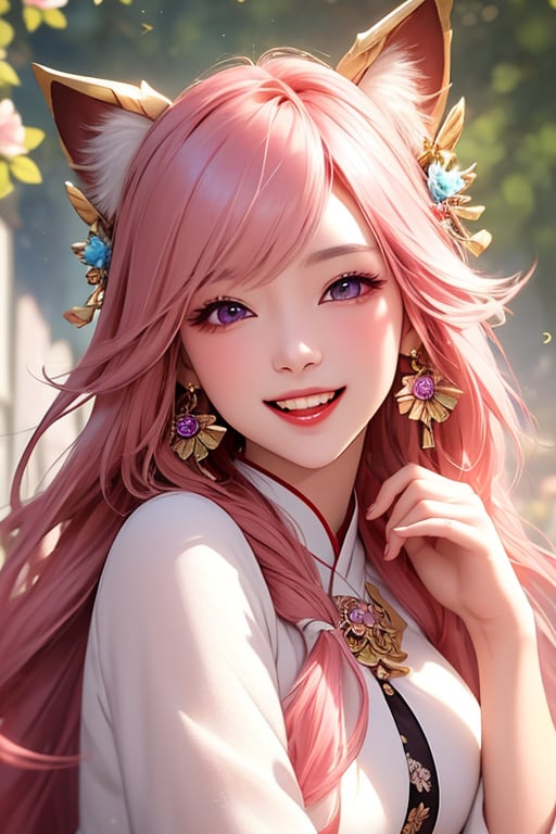 ba shen zi,1girl,solo,pink hair,long hair,purple eyes,jewelry,animal ears,earrings,fox ears,eyelashes,portrait,bangs,hair ornament,cheerful demeanor,radiant smile,bright personality,warm-hearted nature,optimistic outlook,vibrant energy,sun-kissed complexion,joyful laughter,free-spirited,carefree attitude,(outgoing nature:1.2),uplifting presence,playful spirit,(positive vibes:1.2),(lively enthusiasm:1.1),(beaming with happiness:1.3),(natural beauty:1.3),(sunshine in her eyes:1.1),(infectious laughter:1.3),<lora:aki-000002:0.5>,