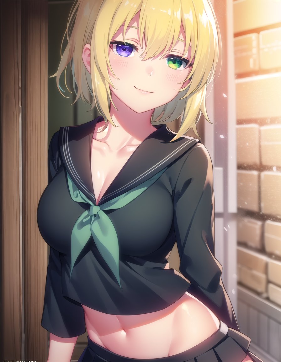 skryona, <lora:sk ryona s1-lora-nochekaiser:1>,ryona, blue eyes, blonde hair, (green eyes:1.3), medium hair, (heterochromia:1.5),BREAK skirt, shirt, long sleeves, navel, school uniform, pantyhose, pleated skirt, necktie, serafuku, midriff, black skirt, sailor collar, black shirt, black sailor collar, (black serafuku:1.2),BREAK indoors, classroom,BREAK looking at viewer, (cowboy shot:1.5), smile,BREAK <lyco:GoodHands-beta2:1>, (masterpiece:1.2), best quality, high resolution, unity 8k wallpaper, (illustration:0.8), (beautiful detailed eyes:1.6), extremely detailed face, perfect lighting, extremely detailed CG, (perfect hands, perfect anatomy),