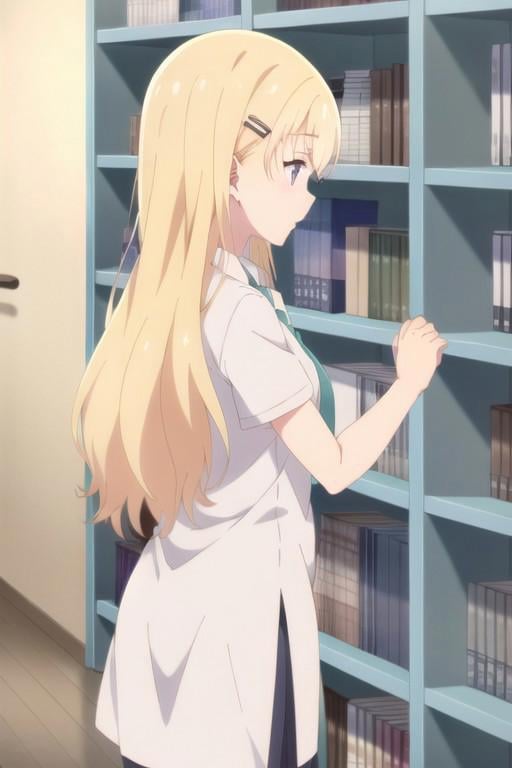 (masterpiece),ayase saki, blonde hair, long hair, purple eyes, 1girl, solo, book, bookshelf, necktie, hair ornament, shirt, white shirt, green necktie, library, hairclip, collared shirt