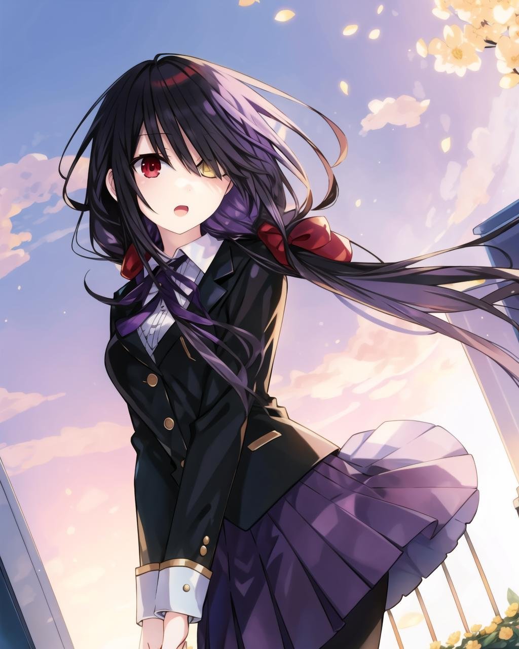 masterpiece, best quality, ((dynamic_angle)),outdoors,1 girl in_garden, solo,red_yellow_heterochromia, red_eyes,hair_over_one_eye,(low twintails),very_long_hair,black_schoolsuit with silver_buttons,pleated_skirt,glowing_eyes,hair_censor,neck_ribbon,floating_hair,open_mouth,black_pantyhose,(((purple_blue))) _skirt,(tokisaki_kurumi:0.3),<lora:kurumi2:0.6>