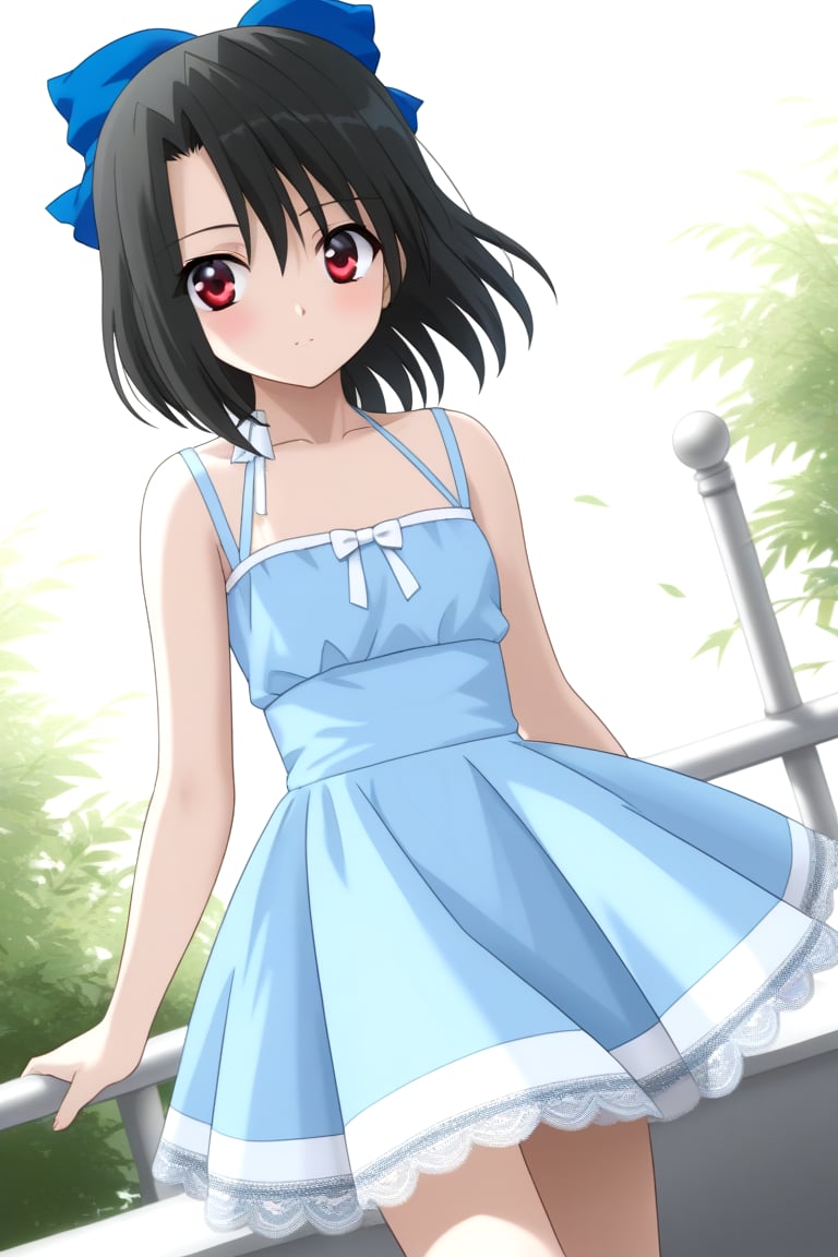 Highly detailed, High Quality, masterpiece, beautiful, source_anime, 1girl, solo, (young woman), (16 old), Setsuna Kiyoura, black hair, red eyes, short_hair, hair bow, red bow, tiny breasts, bare shoulders, dress, sundress, blue_dress, looking_at_viewer, dutch_angle, cowboy_shot<lora:EMS-447771-EMS:0.800000>