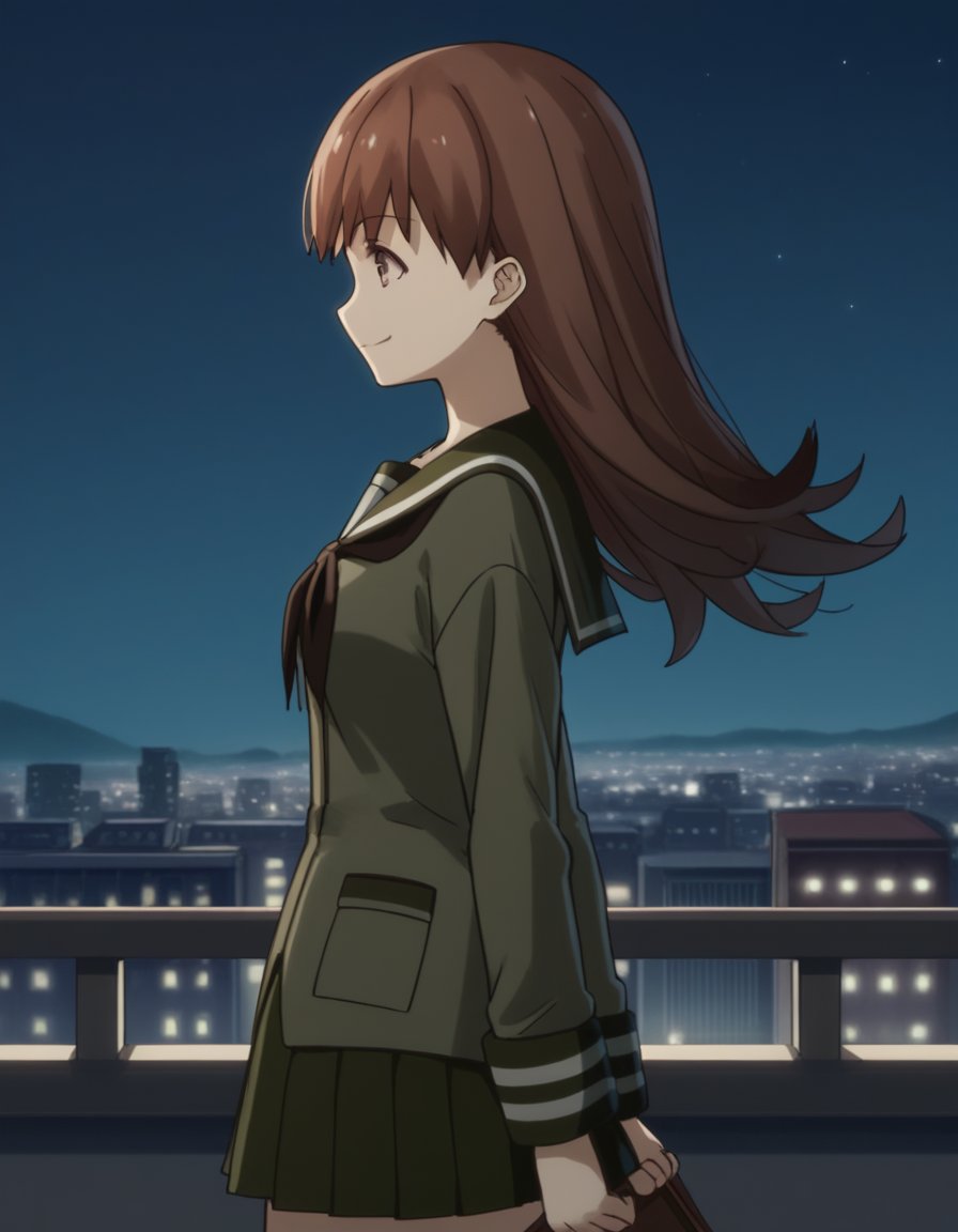 score_9, score_8_up, score_7_up, source_anime, <lora:kacolle-ooi-s1-ponyxl-lora-nochekaiser:1>, ooi, long hair, brown hair, brown eyes, ooi (kancolle), skirt, school uniform, pleated skirt, serafuku,, city skyline, rooftop view, night time, city lights, quiet reflection, , , smile, from side, solo,, cowboy shot, dutch angle