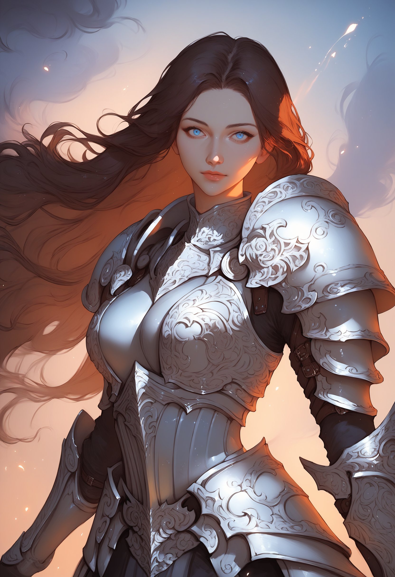 score_9, score_8_up, score_7_up, score_6_up, source_anime, <lora:MOC 0.1v:1>, 1girl, solo, long hair, brown hair, white and silver armor, disassembling armor, red-handled sword, serene expression, blue eyes, floating armor pieces, light background, ethereal, detailed, high contrast