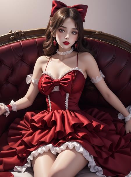 beautiful woman wearing a racing red (idol dress) <lora:idol_dress-2.0:0.8>,layered skirt, frills, ribbon, bow, sequins, seductive, reclining, ((dress lift)),couch