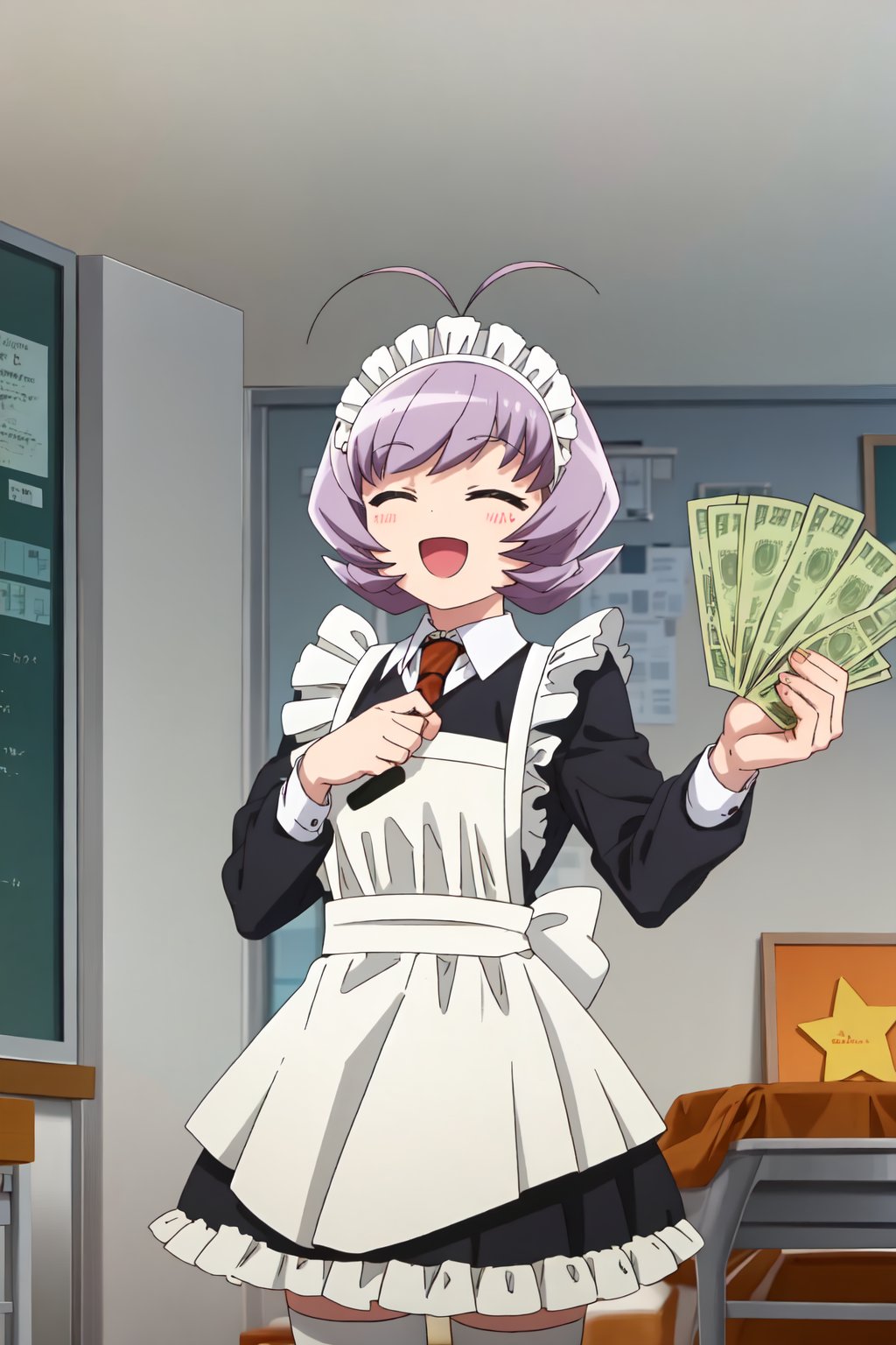 Najimi Osana, (8k, HD), 1girl, solo, smile, short hair, open mouth, thighhighs, long sleeves, dress, holding, closed eyes, purple hair, :d, frills, necktie, indoors, star (symbol), apron, black dress, white thighhighs, maid, maid headdress, antenna hair, white apron, desk, maid apron, frilled apron, enmaided, antennae, collared dress, money, orange necktie<lora:EMS-468581-EMS:0.800000>