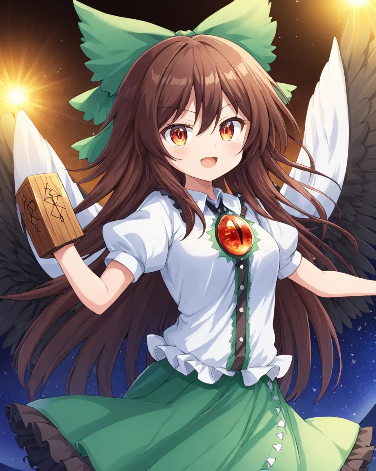 reiuji utsuho,1girl, solo, green_bow, arm_cannon, green_skirt, hair_bow, open_mouth, white_cape, black_wings, white_shirt, bird_wings, puffy_short_sleeves, looking_at_viewer, :d, buttons, third_eye, clenched_hand<lora:reiuji_utsuho_image6498_2023-12-20-000005:1>,star-shaped_pupils,symbol-shaped_pupils,. gorgeous,key visual, vibrant, studio anime,award-winning, professional, highly detailed,high budget, cinemascope