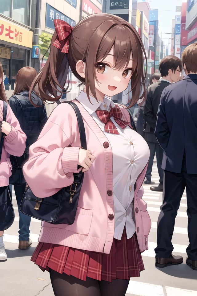 insanely detailed, absurdres, ultra-highres, ultra-detailed, best quality,1girl, solo, nice hands, perfect handsBREAK(School Uniforms:1.2), (pink cardigan is fit body:1.4), ((do up a buttons, not loose):1.5), ((long sleeve, sleeves past wrists):1.2), (inner wear is white collared-shirt:1.3), (red plaid-pattern bow:1.3), (red plaid-pattern pleated skirt:1.3), ((dark-brown pantyhose, loafers):1.2)BREAKhappy smile, laugh, open mouth, standing,from side,cute pose, cowboy shotBREAKslender, kawaii, perfect symmetrical face, ultra cute girl, ultra cute face, ultra detailed eyes, ultra detailed hair, ultra cute, ultra beautifulBREAKin harajuku, shibuya, tokyo, street, crowd, cityscapeBREAKmedium large breasts,(brown hair, brown eyes), hime cut