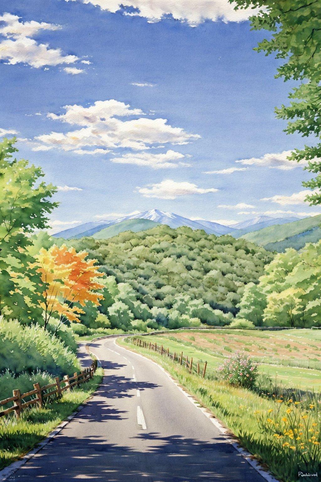 mountain,outdoors, painting, day, watercolor,sunny day, road, white clouds, distant view,<lora:mmk_watercolor:1>