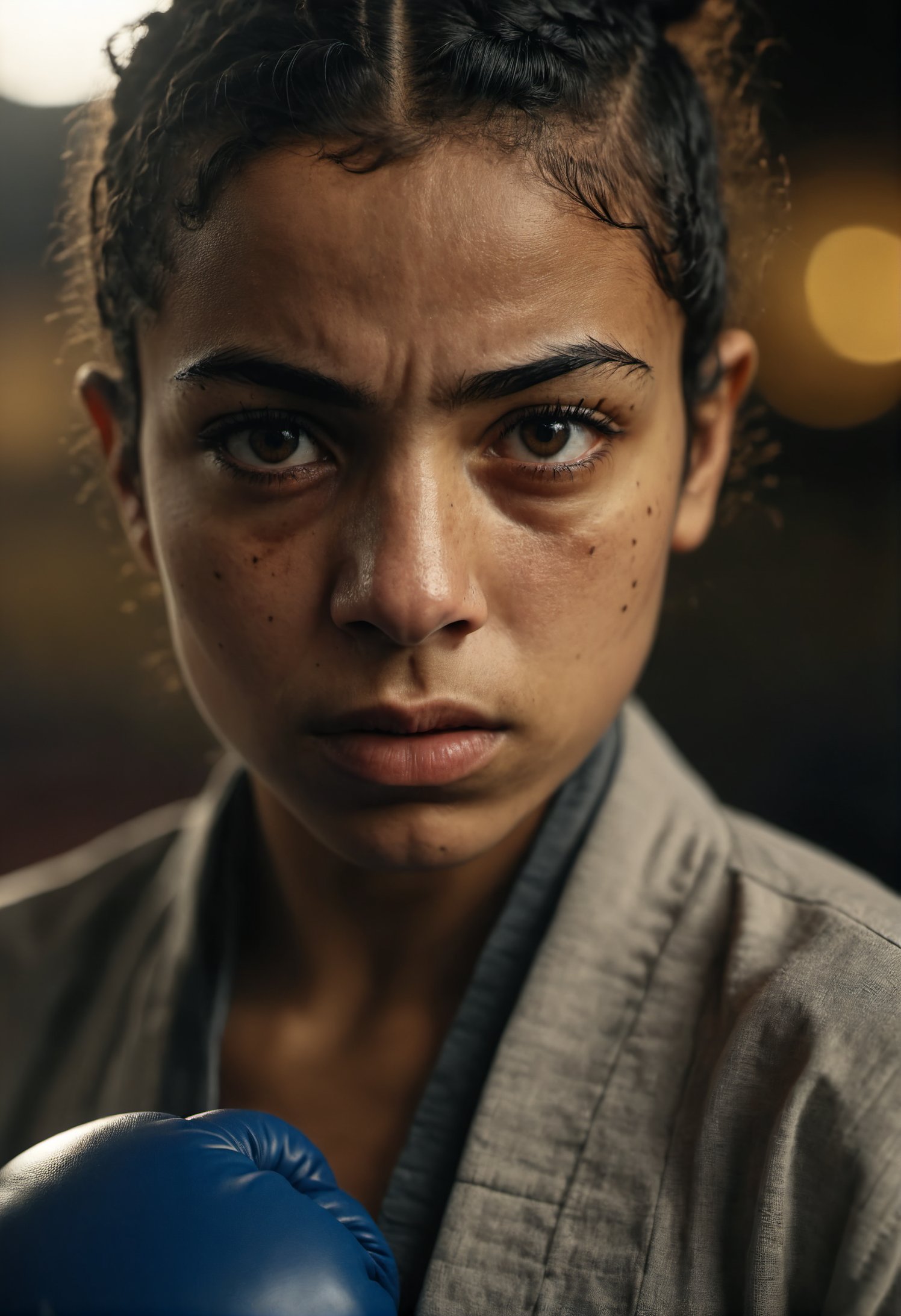 photograph close up portrait of young egyptian Female boxer training, serious, detailed eyes, detailed clothes, detailed lips, detailed mouth, detailed nose, detailed hair, stoic cinematic 4k epic detailed photograph shot on kodak detailed bokeh cinematic hbo dark moody, looking intense at viewer,