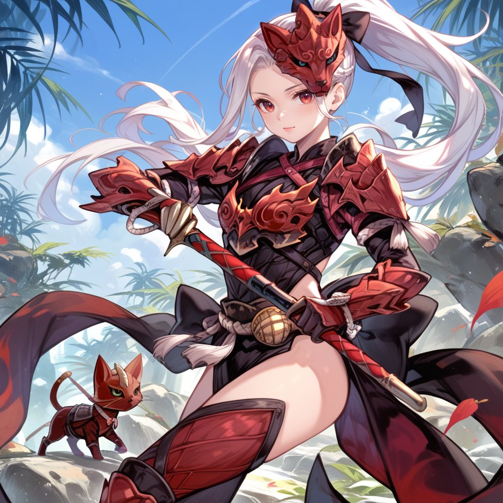 (score_9:0.9),score_8_up,score_7_up,anime style,rating_safe,(zPDXL),<lora:Odogaron Armor Beta ponyXL v1:0.7>, odogaron beta armor, red mask, red gauntlets, red thighboots, 1girl, weapon, holding, long hair, ponytail, holding weapon, white hair, outdoors, sky, cloud, cat, black bow