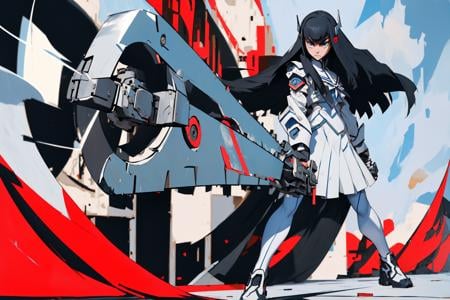 <lora:KiryuinSatsuki> :0.8,kiryuin satsuki,1girl,solo,black hair,long hair,tights,<lora:SunriseStance>,sunrise stance,(holding weapon:1.3),<lora:sawweapon_v01:0.7>,chainsaw,whole body,(wide_shot),nice hands,(masterpiece, best quality, ultra-detailed, intricate details),