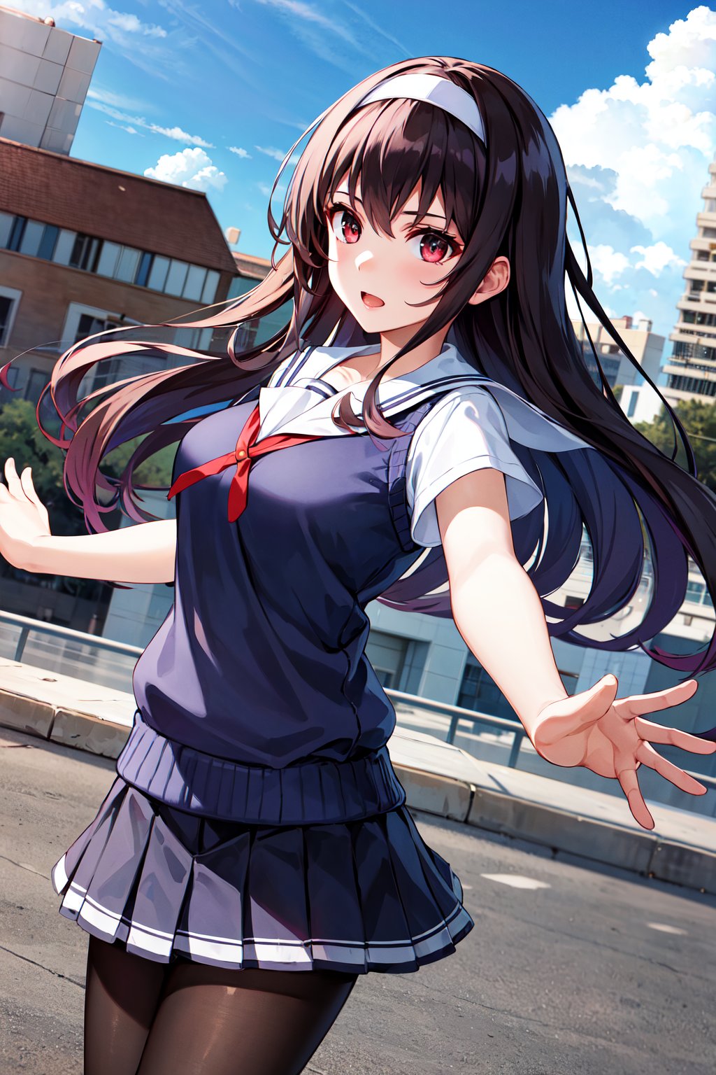 masterpiece, best quality, highres, aautaha, long hair, black hair, hairband, school uniform, sailor collar, sweater vest, blue sweater, white shirt, short sleeves, pleated skirt, blue skirt, (black pantyhose:1.2), <lora:kasumigaoka_utaha_v2-1:0.7>, outdoors, petal, building, blue sky, outstretched arms, 