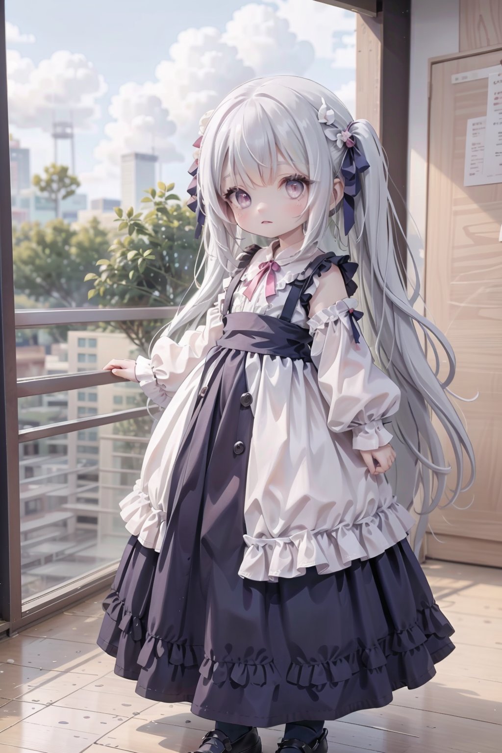 (loli:1.3),(very_long_hair,:1.3),an anime girls standing behind the ground, in the style of light silver and crimson, technological art, applecore, loose and fluid, rtx on, blink-and-you-miss-it detail, sharp/prickly ,wearing an outfit with dark outfit,  light red and white, chaotic academia, steel/iron frame construction, loose and fluid, candid, ，