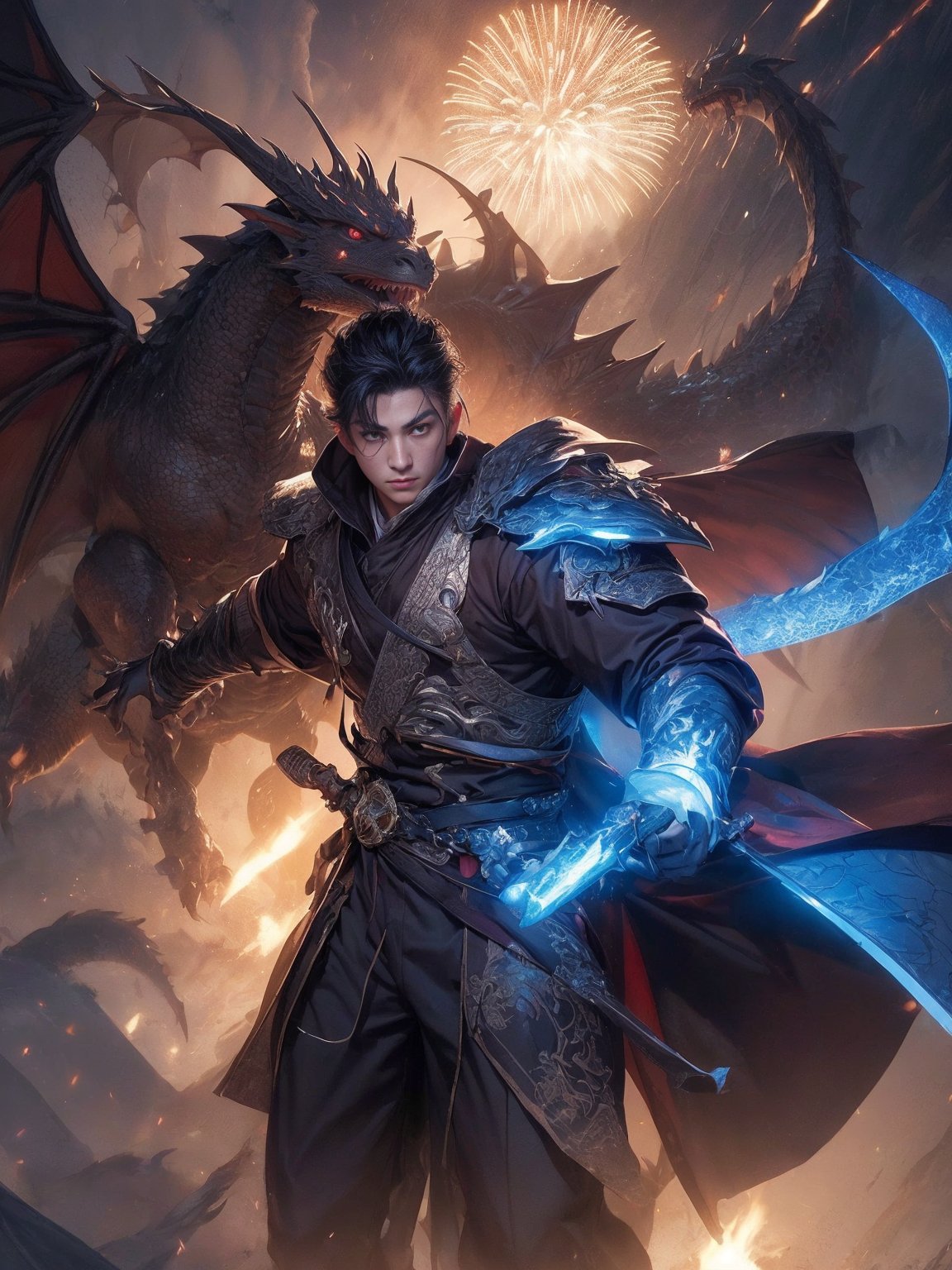 (8k, best quality, masterpiece:1.2),(realistic, photo-realistic:1.37),ultra-detailed,(1boy,handsome, male character),In this illustration,In this illustration,the beautiful boy is wearing technological dragon-shaped combat equipment+ The armor decorated with dragon scales exudes blue light,and he holds a high-tech energy sword in his hand+ In the background is a futuristic city,with high-rise buildings and aircraft flying across the sky+ The handsome boy's eyes are full of confidence,as if he is the guardian of future technology,ready to face unknown challenges,in the background you can add some elements related to the Year of the Dragon,red spring couplets,fireworks,dragon-shaped decorations,((increasing the weight makes things worse:1.5)),sharp focus,inkpainting,((looking at viewer:1.5)),physically-based rendering,male focus,facial hair,tall,zhuang,<lora:wenboy_chen_v62:1>,