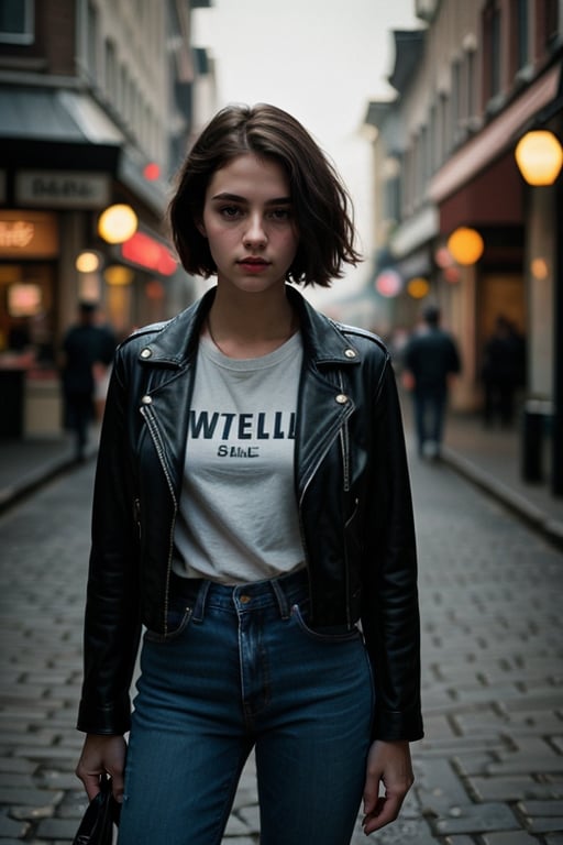 full body photo of a 23 year old Dutch woman, undercut hairstyle, tee, leather jacket, jeans, 80s convenience store, very detailed, atmospheric haze, film grain, cinematic film still, shallow depth of field, highly detailed, high budget, cinemascope, moody, epic, gorgeous, 2000s vintage RAW photo, photorealistic, color graded cinematic, eye catchlights, atmospheric lighting, skin pores, imperfections, natural, shallow dof, (best quality:1.3)