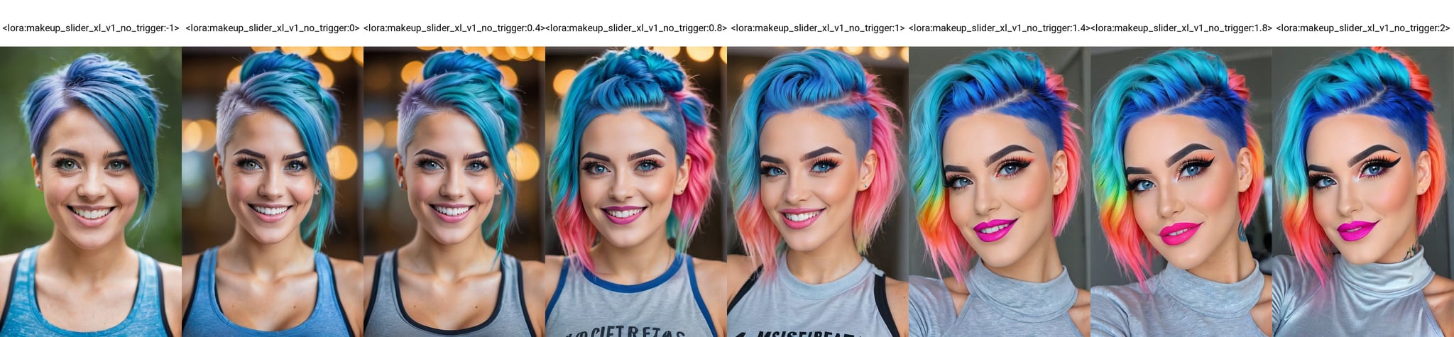 (best quality, 4k, 8k, highres, masterpiece:1.2), ultra-detailed, woman, smiling, blue hair, gym clothes, vivid colors, colorful, bokeh, portraits, studio lighting, ultra-fine painting, sharp focus, extremely detailed eyes and face, detailed lips, beautiful detailed eyes,(long eyelashes) <lora:makeup_slider_xl_v1_no_trigger:-1>