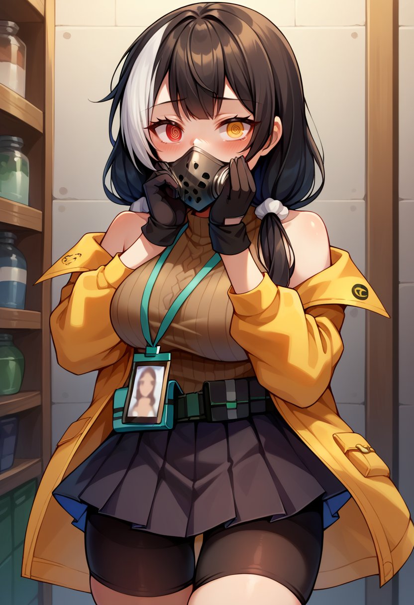 score_9,score_8_up,score_7_up BREAK 1girl,jelorodef,solo,standing,indoors,hands on own cheeks,black hair,streaked hair,hair scrunchie,low twintails,red eyes,heterochromia,yellow eyes,spiral eyes,turtleneck sweater,sleeveless,gas mask,id card,coat,off shoulder,black gloves,belt,belt pouch,pleated skirt,bike shorts under skirt,thighhighs,thigh pouch,looking at viewer,embarrassed,<lora:Ro635-JeloXL-000007:1>,