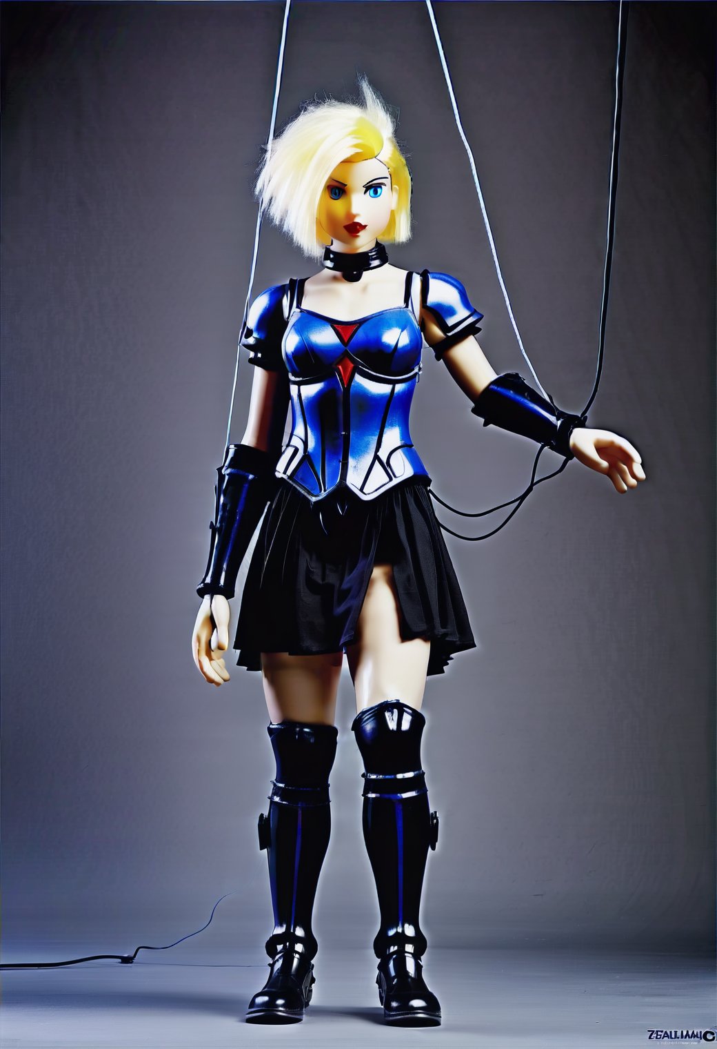 (marionetka, a puppet with short blonde hair and a black armour, is suspended by:1.5) ,,inkunk style,Magazine Cover,wild Ai Artist, Side Chest,cinematic ,realistic , (Sleeveless0.9), cleavage_Cutout,18 to 22 years old Polish girl, look beautiful Polish girl and blue eyes or green eyes with platinum blonde hair color,( rose tatoo),( waterfall in the background), treasure, (dirty outfit),cinematic light,unreal engine 5 render, octane render, intricately detailed, cinematic, trending on artstation 