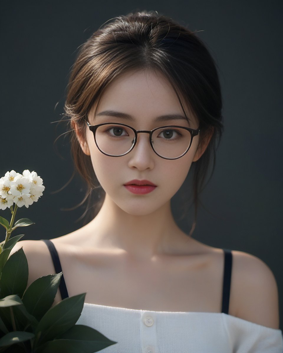 (disdain:1.5),(charming:1.5),Glasses,(Skin texture, skin particles:1.3),The corners of one's mouth turn upward,sexy,rim light,rolling eyes,Best quality,masterpiece,ultra high res,(photorealistic:1.4),1girl,offshoulder,in the dark,deep shadow,low key,(upper body:1.3),suit,focus head,floral_background,