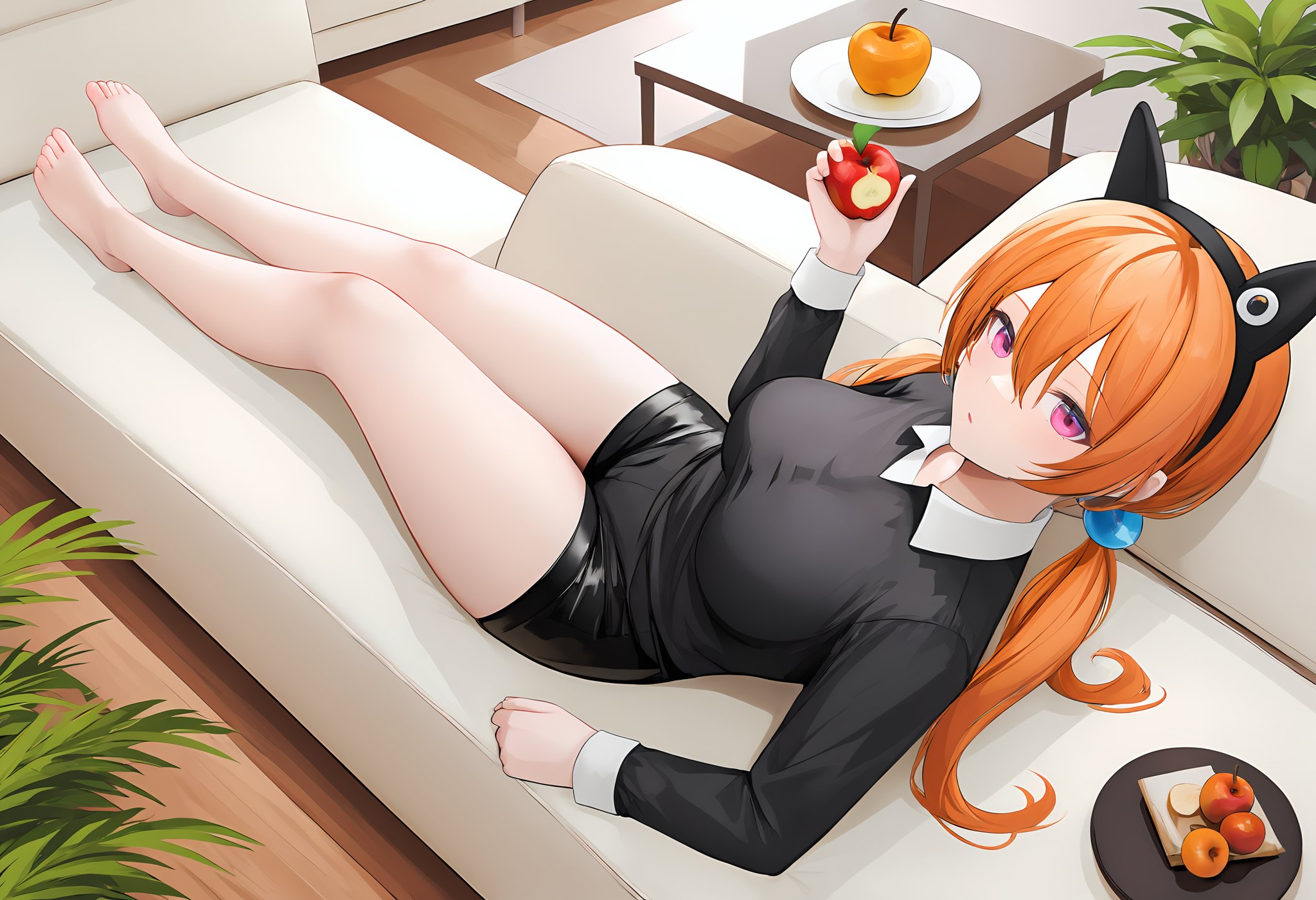 (masterpiece),(bestquality),1girl, solo,breasts, looking at viewer, long sleeves, holding, full body,  thighs, lying, barefoot, indoors, on back, black shirt, bare legs, toes, table, Black shorts, couch, apple, potted plant, on couch, holding fruit, <lora:alisa-pony-v2-000008:0.6>,AlisaSoutherncross,jewelry hair accessories,pink eyes,low twintails,fake  ears,orange hair,hair between eyes,<lora:baiye-pony-v2-fb16-000009:0.6>,