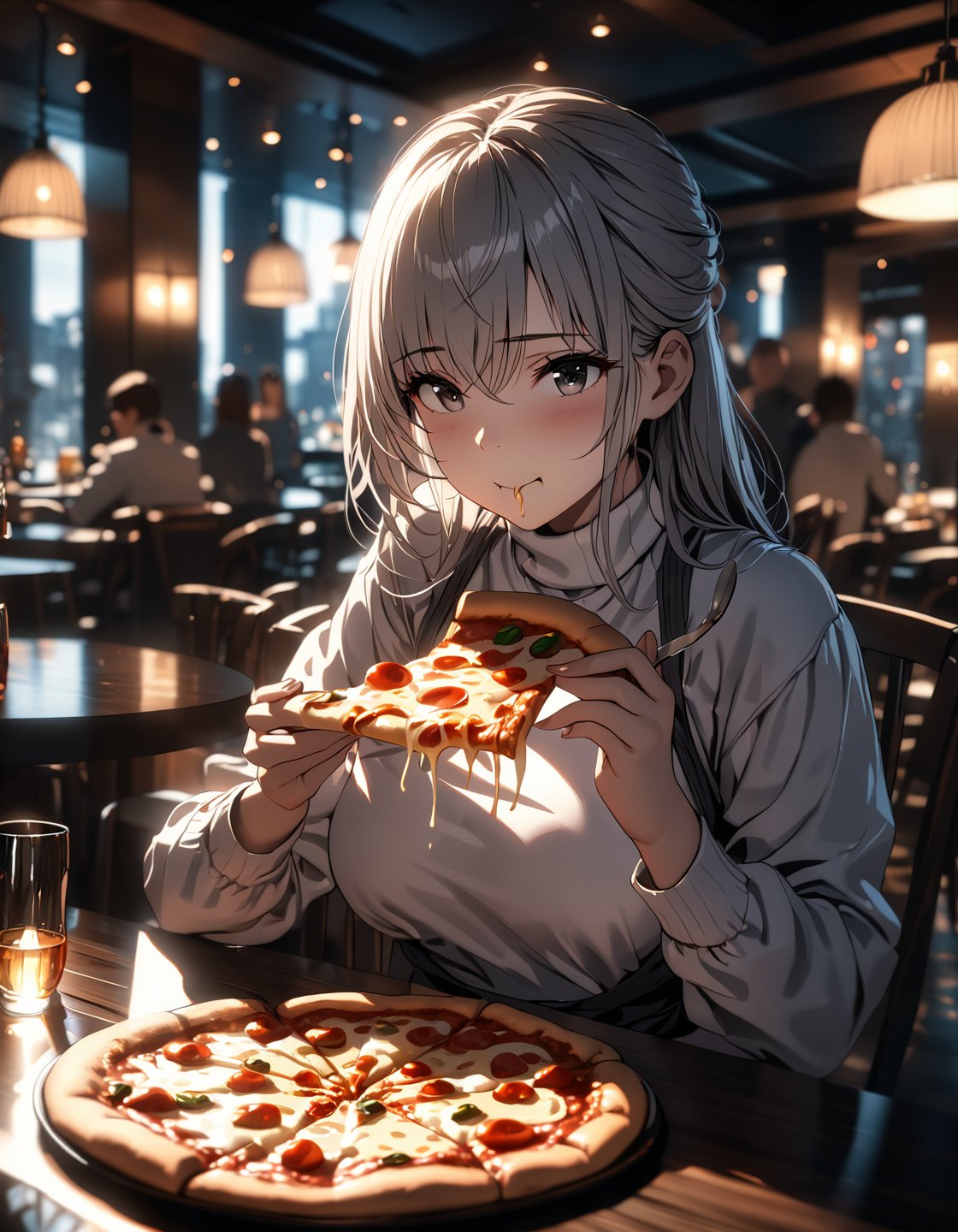 anime,1girl,white long hair,gray eyes, white shirt, long sleeves, turtleneck, sitting, looking at viewer,( eating holding pizza :1.5), pizza, plate, fork, knife, table, chair, table, restaurant, cinematic angle, cinematic lighting, masterpiece, best quality(Depth of field hdr 8k 4k wallpaper cinematic angle, cinematic lighting,:1.5) (masterpiece, best quality:2.0), (Depth of field hdr 8k 4k wallpaper cinematic angle, cinematic lighting,:1.5) (masterpiece, best quality:2.0)