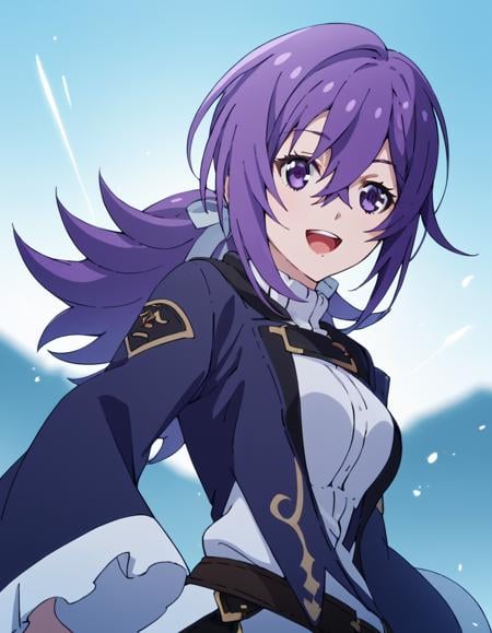 score_9, score_8_up, score_7_up, score_6_up, score_5_up, score_4_up, source_anime, , Helen, long hair, hair between eyes, purple eyes, ponytail, purple hair, sidelocks,  soft smile, action pose