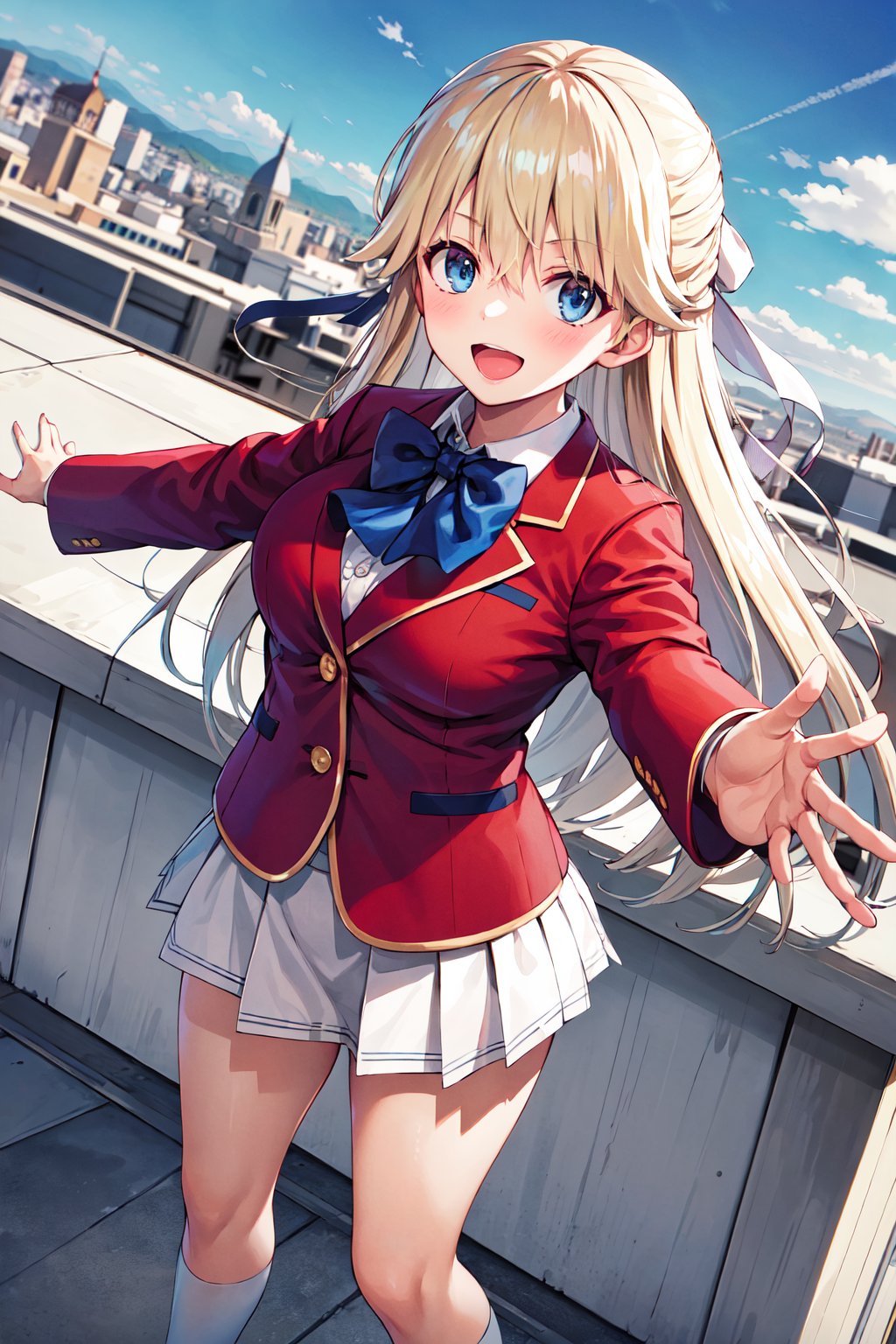 masterpiece, best quality, highres, 1girl, solo, long hair, blonde hair, hair ribbon, bangs, blue eyes, blue bowtie, collared shirt, blazer, red jacket, long sleeves, pleated skirt, white skirt, <lora:nanase_tsubasa_v1:0.7>, reaching out, outstretched arms, smile, open mouth, rooftop, city, blue sky, standing