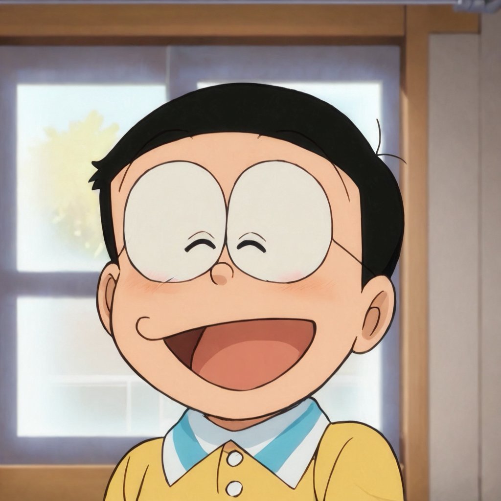 nobi nobita, 1boy,solo, male focus, solo, smile, open mouth, black hair, closed eyes, blush, window, parody, child, :d, ^_^, portrait, masterpiece, best quality, <lora:minamoto shizuka and nobita kohaku:1>