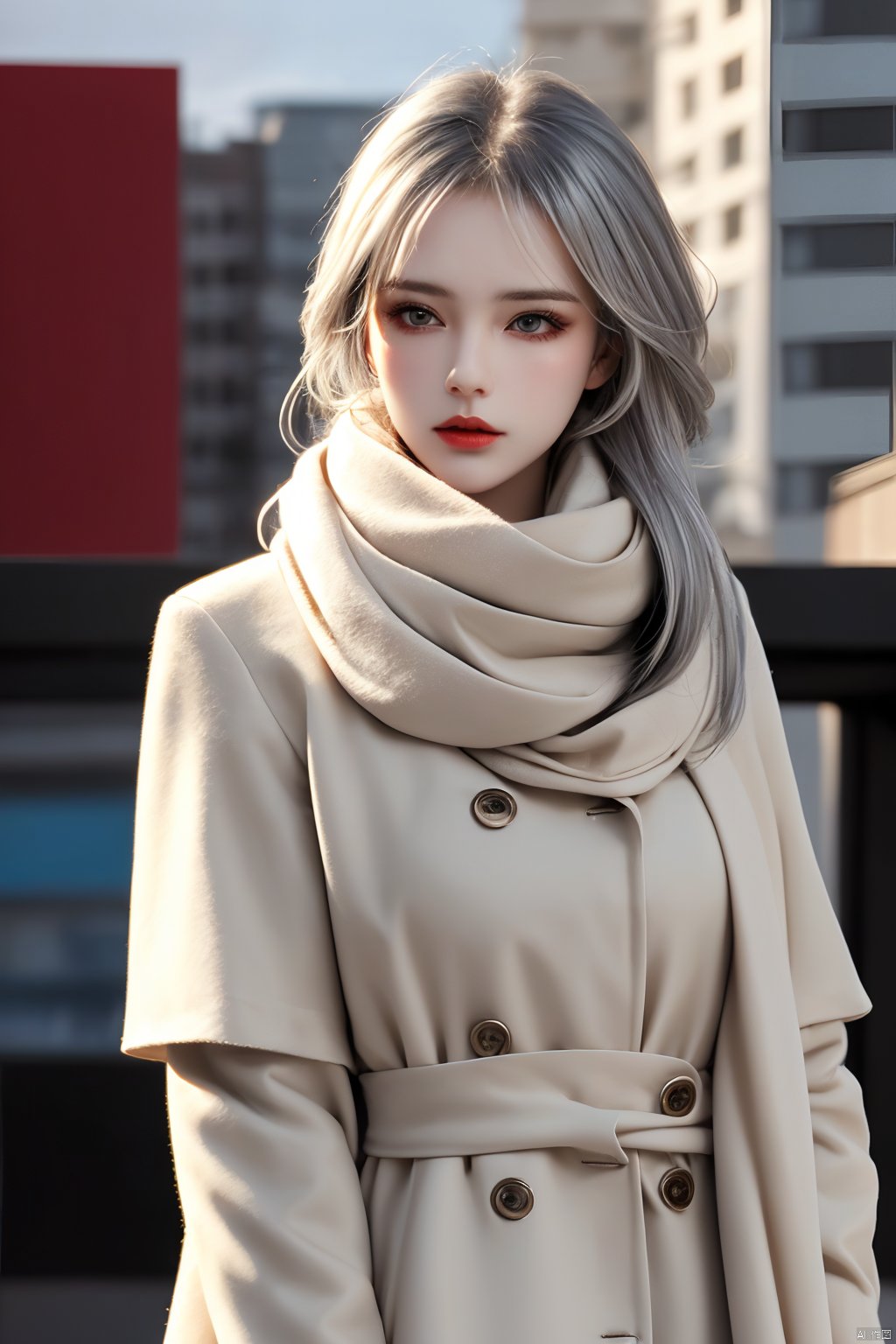 A woman wrapped in a cream-colored scarf, with a black coat draped over her shoulders. Her gaze is pensive, her  hair tousled by the wind, and her lips painted a bold red, against an urban backdrop., masterpiece,best quality, silver hair<lora:EMS-337043-EMS:0.800000>