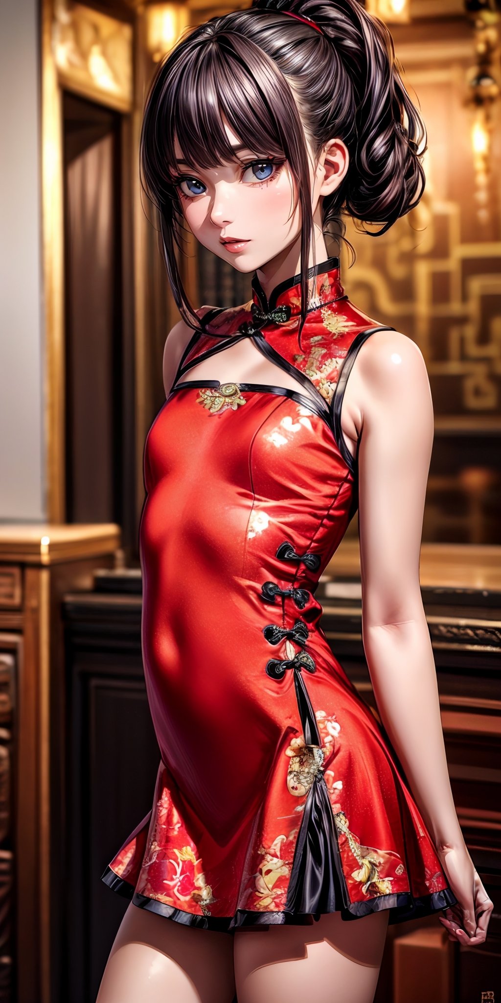 masterpiece,ultra-detailed,best quality,8K,illustration,ultra-detailed-beautiful-face,Clean skin,photographical skin,shiny skin,shiny hair, photographical hair,(petite girl:1.2) ,middle breasts,<lora:more_details:1> cowboy shot, <lora:n china dress v2.0:0.7> jyojifuku, china dress, skirt