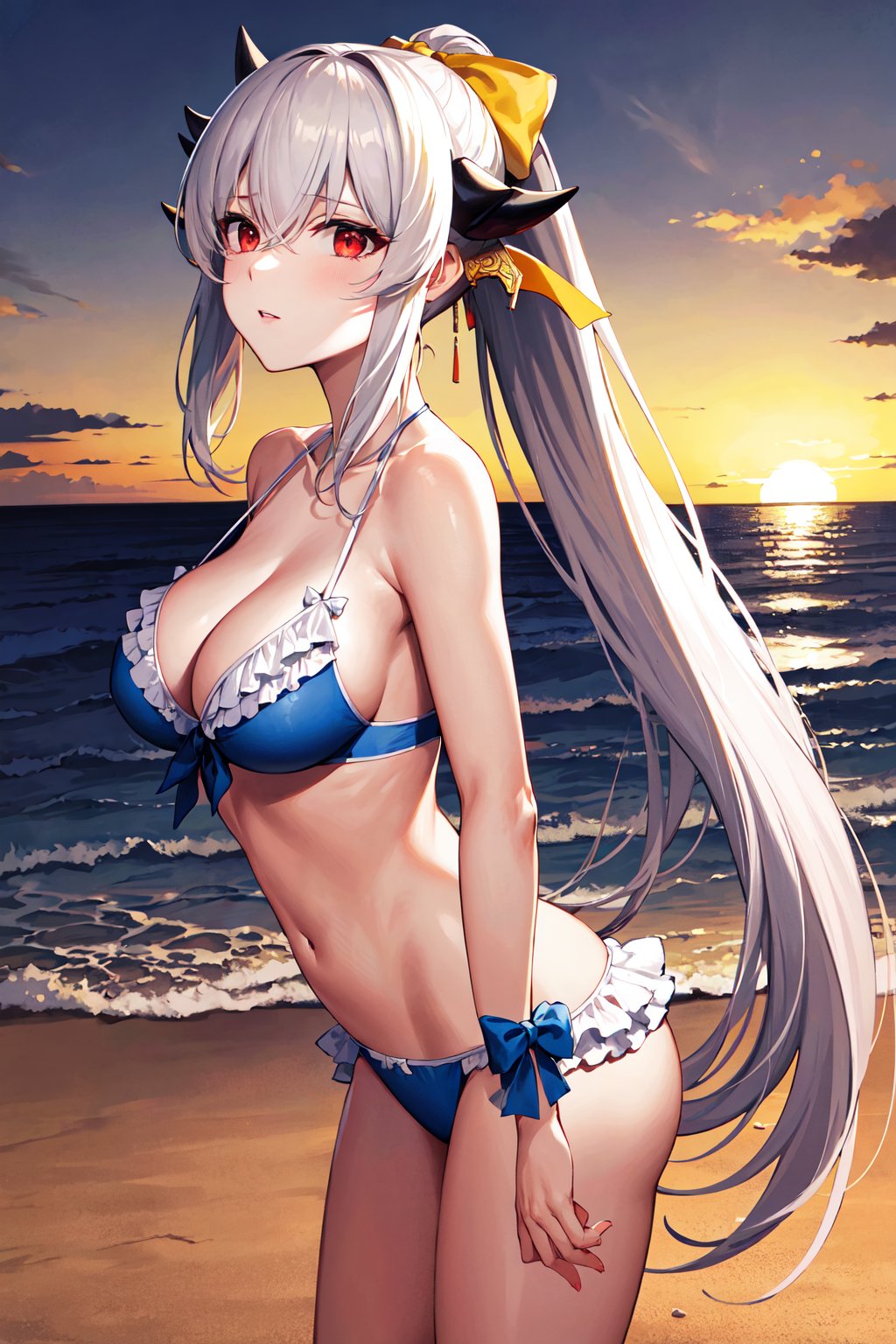 masterpiece, best quality, highres, cckiyo, long hair, white hair, ponytail, black horns, hair bow, hair ornament, yellow bow, red eyes, collarbone, bare shoulders, cleavage, frilled bikini, blue bikini, <lora:kiyohime_(lancer)_v1:0.7>, from side, standing, beach, sunset, standing