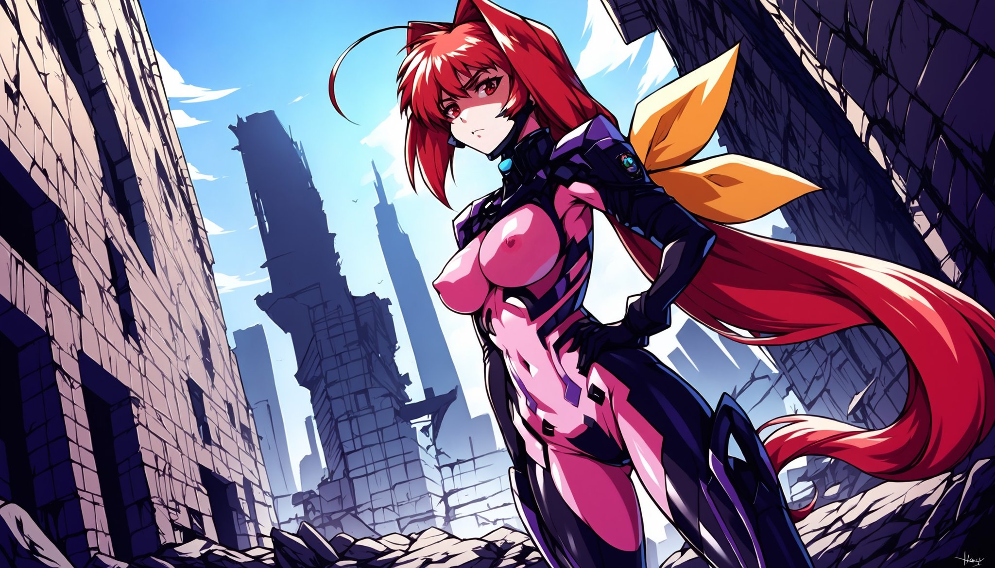 score_9, score_8_up, score_7_up, score_6_up, source_anime, uncensored, zPDXLxxx, <lora:intricate_details:1> intricate_details_xl, outdoors, ruins, hill, fire in background, cityscape, building, dutch angle, <lora:Muv_Luv_Kagami_Sumika_v1.0-000040:1> kagami_sumika, fortified suit, pink bodysuit, covered nipples, 1girl, solo, long hair, red hair, ponytail, antenna hair, hair intakes, red eyes, standing, light frown, facing viewer, shaded face, hand on own hip, 