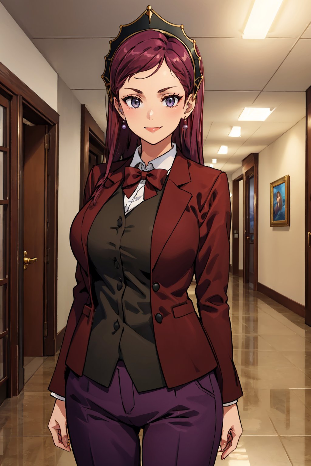 masterpiece, best quality, <lora:hildagreyrat-nvwls-v1-000010:1> hildagreyrat, grey eyes, headdress, earrings, large breasts, suit jacket, purple tuxedo, purple pants, cowboy shot, looking at viewer, smile, indoors, hallway, arms at sides