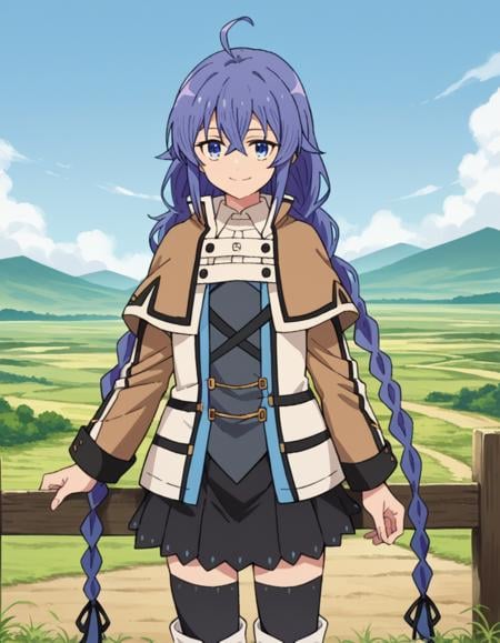 score_9, score_8_up, score_7_up, source_anime,roxymigurdia, <lora:roxy-migurdia-s1-ponyxl-lora-nochekaiser:1>,roxy migurdia, ahoge, black ribbon, blue eyes, blue hair, braid, hair between eyes, hair ribbon, long hair, twin braids, very long hair,black legwear, black skirt, capelet, jacket, brown jacket, long sleeves, miniskirt, open clothes, open jacket, pleated skirt, skirt, white capelet, white footwear, white jacket,outdoors, landscape, farm, smile,looking at viewer, dutch angle, cowboy shot,