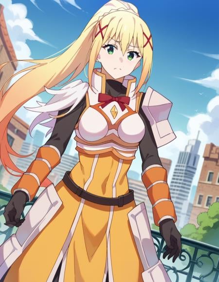 score_9, score_8_up, score_7_up, source_anime,lalatinadustinessford, <lora:lalatina-dustiness-ford-s2-ponyxl-lora-nochekaiser:1>,darkness \(konosuba\), long hair, green eyes, blonde hair, hair ornament, ponytail, braid, x hair ornament,gloves, armor, bodysuit, shoulder armor, armored dress,outdoors, cityscape,looking at viewer, dutch angle, cowboy shot,