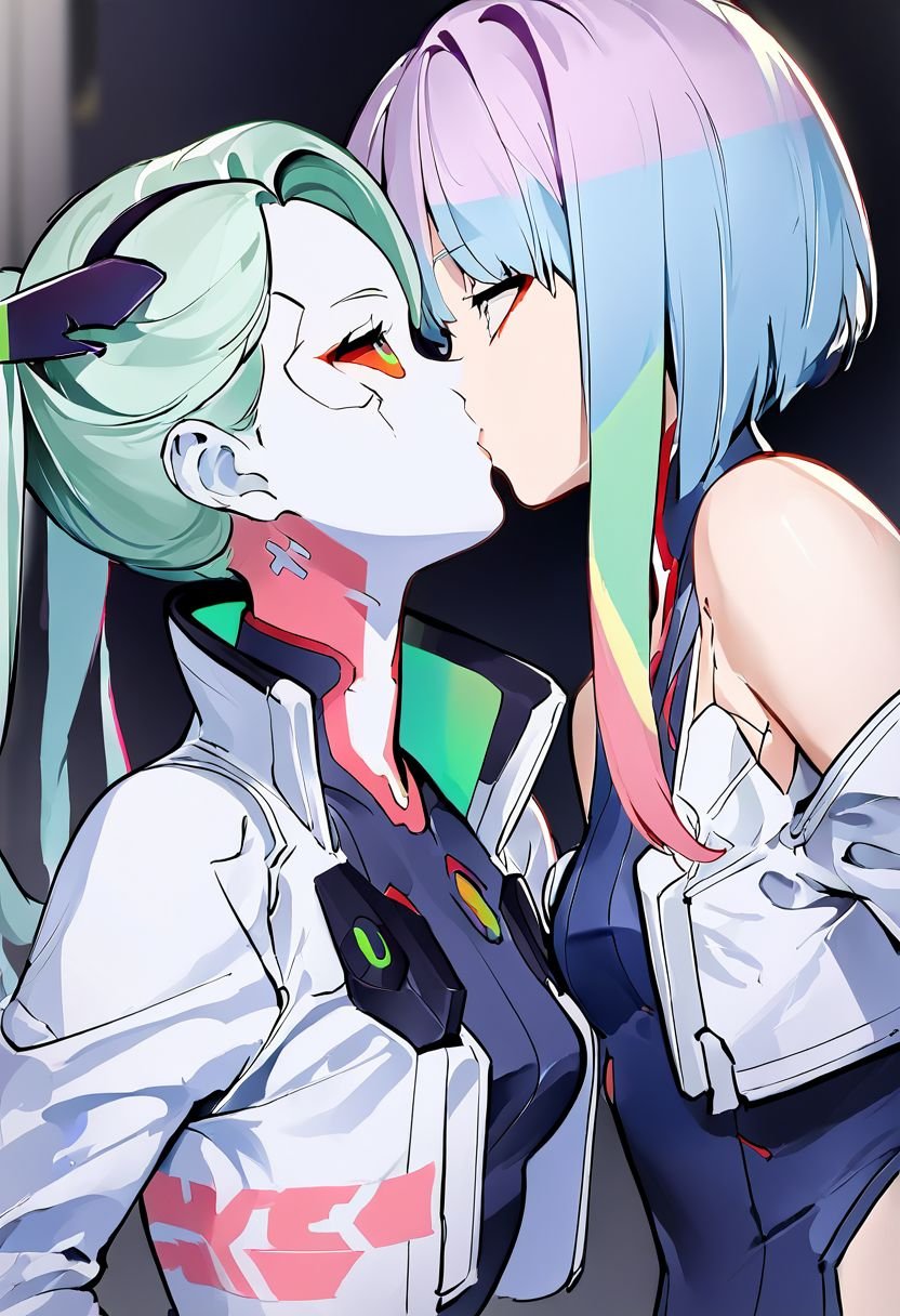 couple portrait,(xmultiplex:1 0),(xlucyx:1.0),(xrebecax:1.0),1girl and 1girl  kisses in futuristic city,score_9, score_8_up, score_7_up, source_anime, rating_safe,