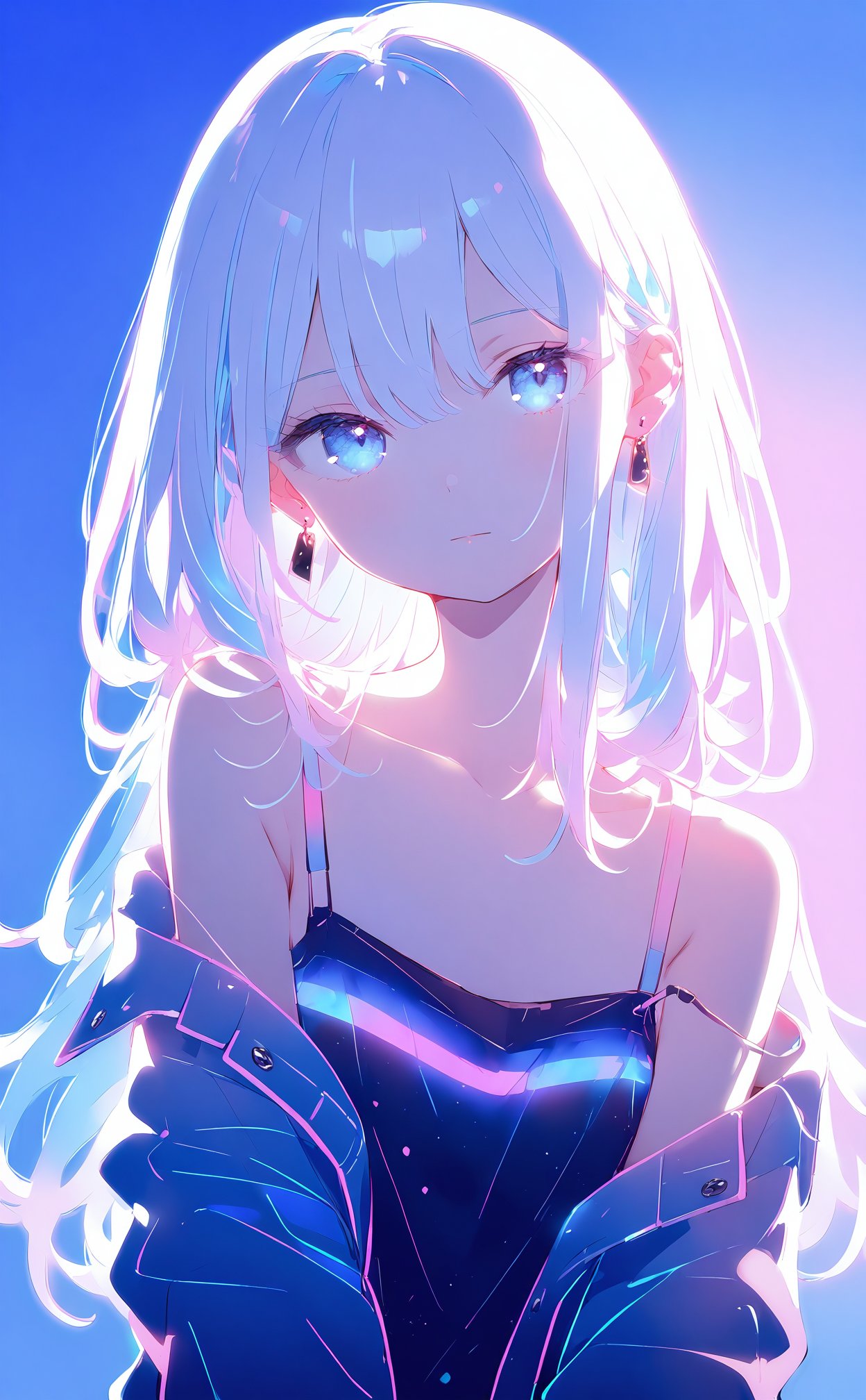 masterpiece,best quality,high quality,(colorful),loli,1girl,solo,long hair,looking at viewer,blue eyes,upper body,head tilt,blue theme,jacket,closed mouth,earrings,bare shoulders,off shoulder,white hair,jewelry,strap slip,collarbone,camisole,blue background,backlighting,blue hair,pink background,multicolored hair,gradient background,simple background,hair between eyes,expressionless,spaghetti strap,tank top,blue jacket,shirt,sidelocks,glowing,