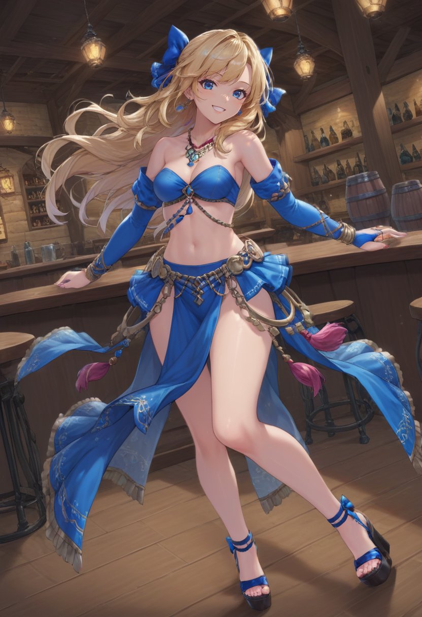 score_9, score_8_up, score_7_up, source_anime, ((1girl, solo):1.5), blonde hair, blue eyes, tavern, on stage, long hair,BREAK full body, looking at viewer, smile, sandals, bridal gauntlets,  necklace, hair bow, bow, breasts, skirt, midriff, navel, bare shoulders, (blue clothing:1.5), wedge heels  <lora:DncAf:.75> dncaf, dancing, 