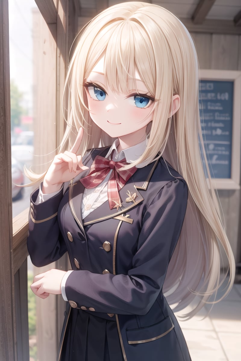 insanely detailed, absurdres, ultra-highres, ultra-detailed, best quality,1girl, solo, nice hands, perfect handsBREAKwearing winter school uniform, (nsfw:-1.5)BREAKhappy smile, laugh, closed mouthBREAK45 angle,standing, cowboy shot, looking at viewerBREAKslender, kawaii, perfect symmetrical face, ultra cute girl, ultra cute face, ultra detailed eyes, ultra detailed hair, ultra cute, ultra beautifulBREAKin schoolyard, depth of field, ultra detailed backgroundBREAKmedium large breastsBREAKblonde hair, blue eyes, hime cut,