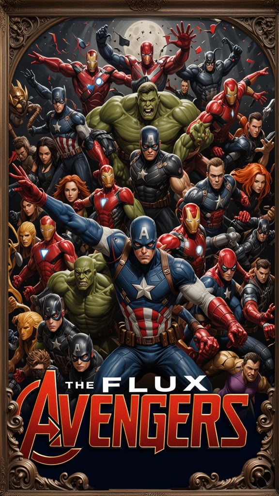 Detailed movie poster of Marvel Movies Mash Up , 8k high quality detailed, amazing wallpaper, digital painting highly detailed, 8k UHD detailed oil painting, beautiful artwork, UHD, bokeh, background Modifiers: extremely detailed Award winning photography, studio lighting, photorealistic,  The movie poster text says "The Flux Avengers".