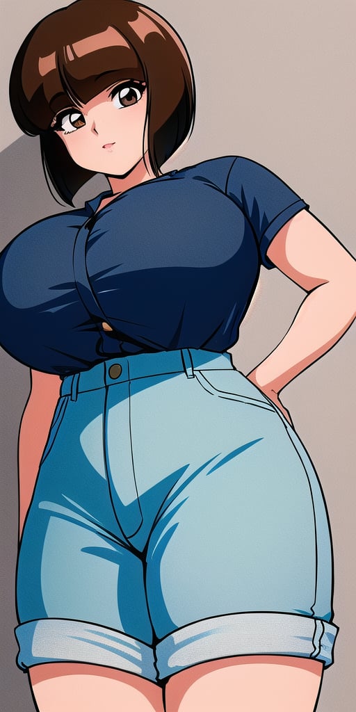 <lora:TendouNabikiV3:0.85> tendounabiki, huge_breasts, standing, solo, denim_shorts, masterpiece, best quality, detailed face, detailed eyes, highres,