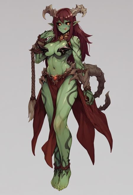 score_9, score_8_up, score_7_up, score_6_up, <lora:MonsterGirlXL_P6_lokr_V43P1NF:0.95> 1girl, horns, solo, colored skin, long hair, pointy ears, green skin, breasts, barefoot, navel, full body, tattoo, monster girl, large breasts, simple background, white background, cleavage, colored sclera, yellow eyes, tongue, black sclera, loincloth, looking at viewer, rope, tongue out, standing, red eyes