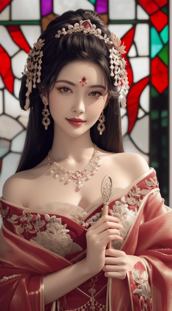 (,1girl, ,best quality, ),looking at viewer, <lora:391-DA-国风-抹胸汉服:0.8> ,,ultra detailed background,ultra detailed background,ultra realistic 8k cg,,, (close-up portrait),(upper body:1.22),(realistic:1.11),(Photo-referencing),HDR,Studio Lighting,Soft Lighting, ,, a slender petite little girl,Delicate muscle lines,(Skinny body),(solo:1.5),( looking at viewer:1.22),The white shiny skin, (smirk:1.2),(dynamic pose),, (very long payot),,parted bangs, (floating hair), (jewelry:1.17), necklace, earrings,(colorful:1.27),(stained glass background),(),(()),,