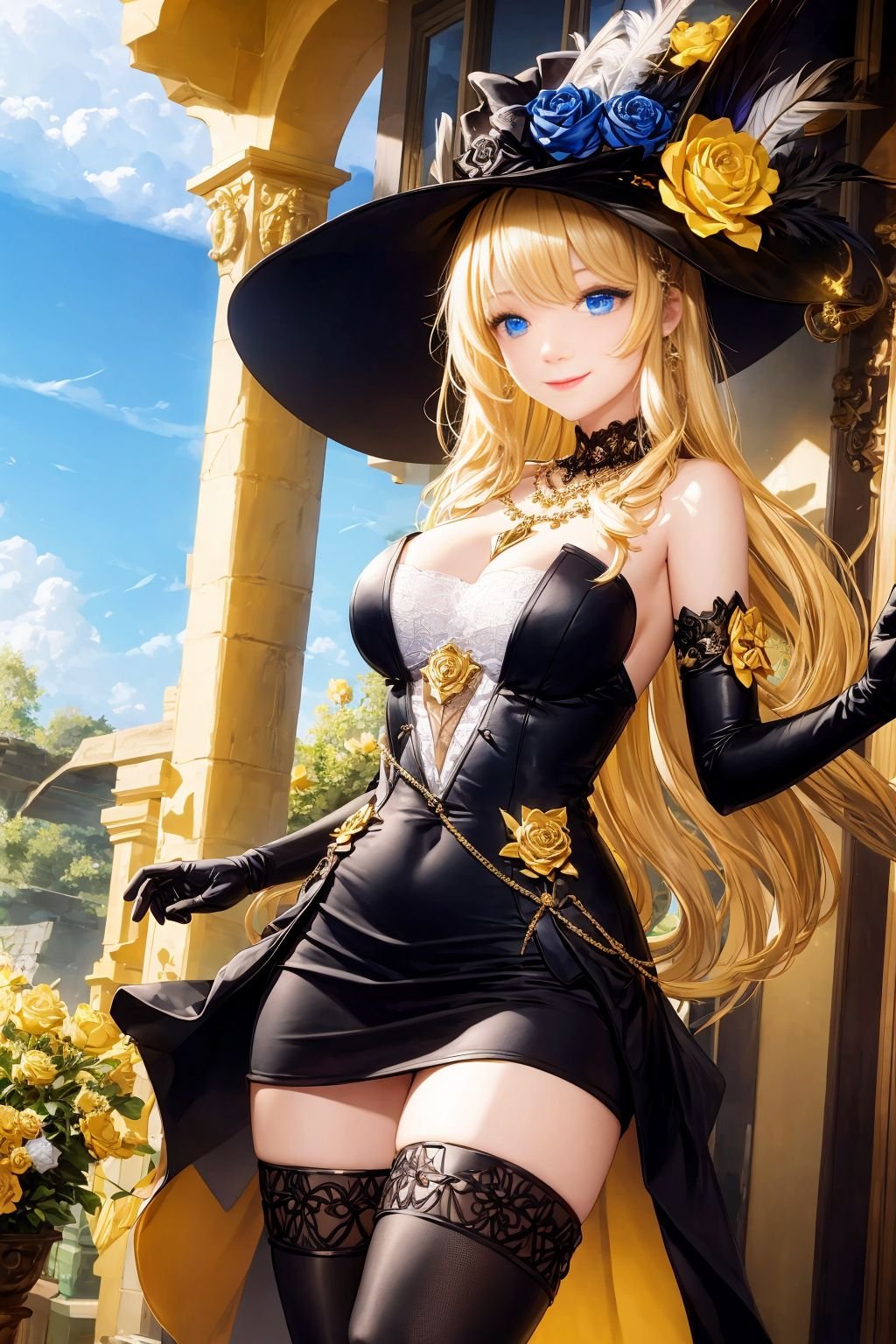 best quality,masterpiece,highres,cinematic lighting,wallpaper,absurdres,Navia,1girl,solo,long hair,breasts,smile,bangs,blue eyes,blonde hair,large breasts,thighhighs,gloves,hat,dress,cleavage,bare shoulders,jewelry,medium breasts,very long hair,closed mouth,flower,boots,outdoors,sky,day,black gloves,elbow gloves,black thighhighs,cloud,necklace,black footwear,black dress,blue sky,zettai ryouiki,black headwear,strapless,rose,animal,thigh boots,short dress,cat,strapless dress,yellow flower,hat feather,gold,yellow rose,